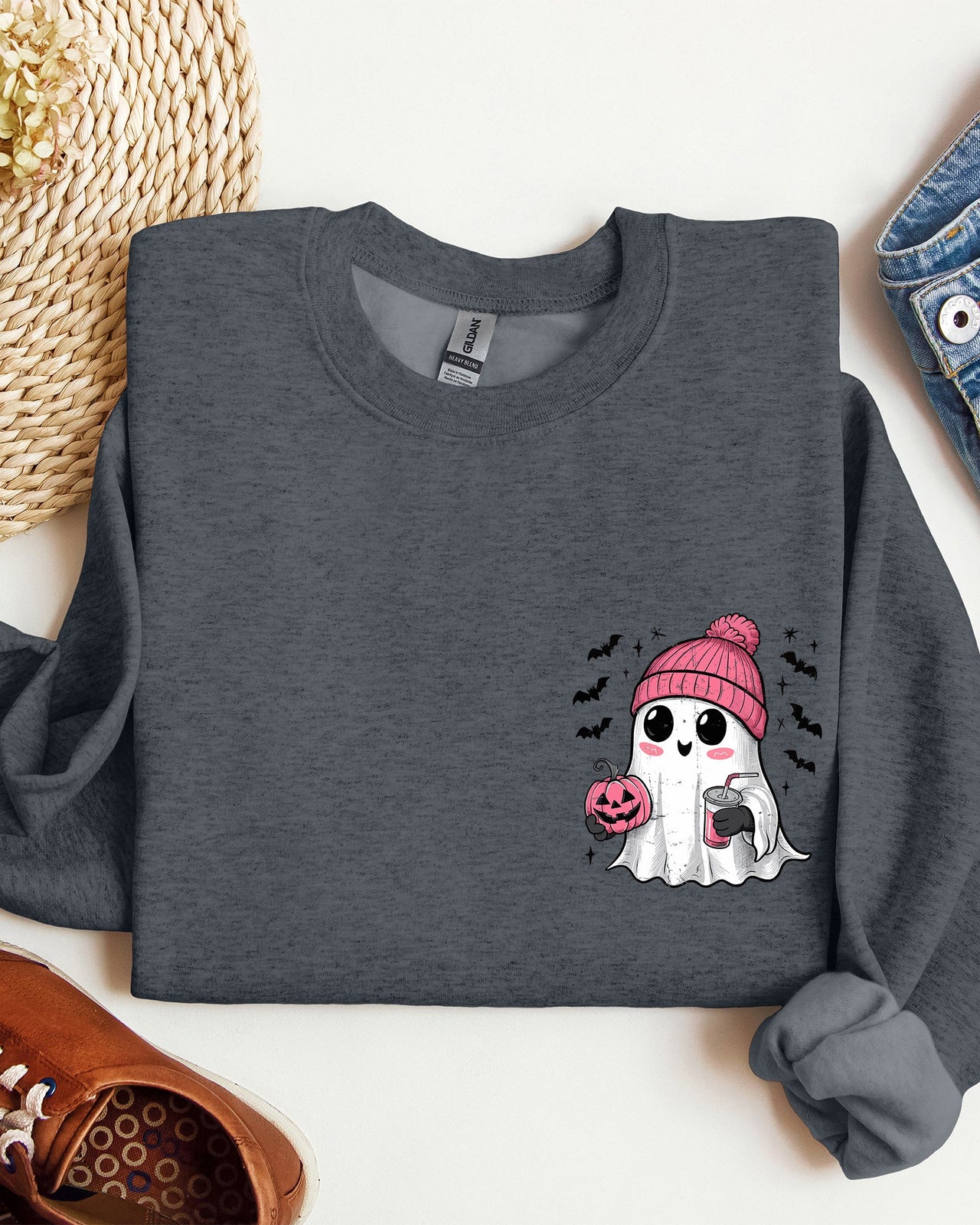 Cute Pink Ghost Pocket Print Halloween Coffee Bats Cozy Fall Seasonal Sweatshirt