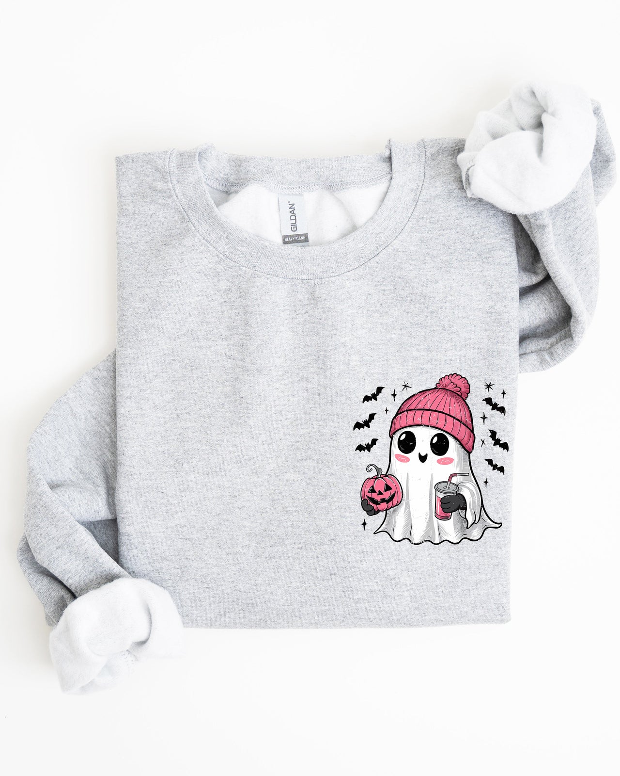 Cute Pink Ghost Pocket Print Halloween Coffee Bats Cozy Fall Seasonal Sweatshirt