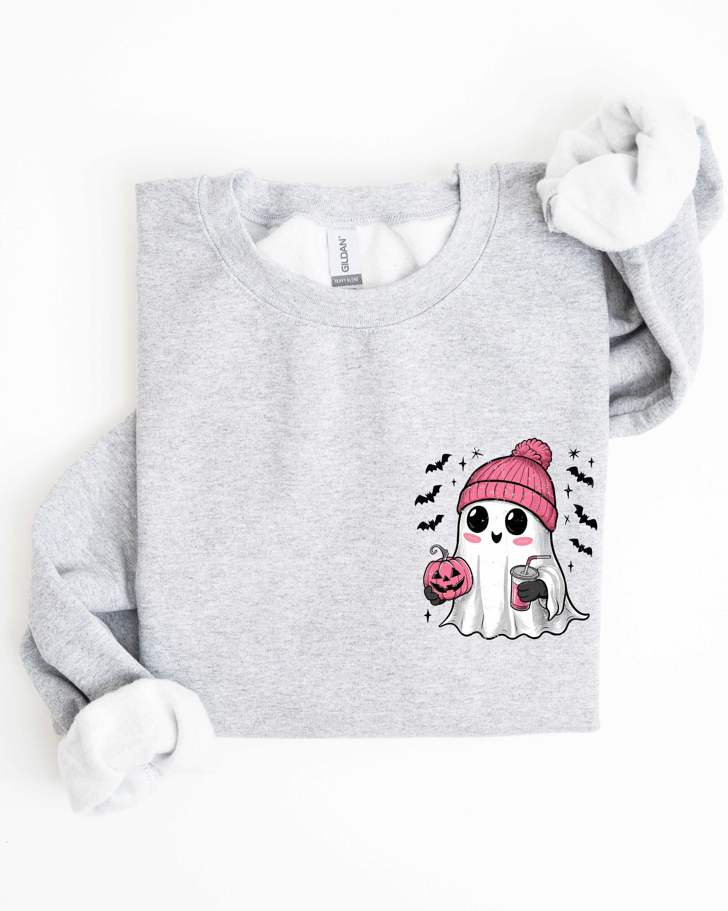 Cute Pink Ghost Pocket Print Halloween Coffee Bats Cozy Fall Seasonal Sweatshirt