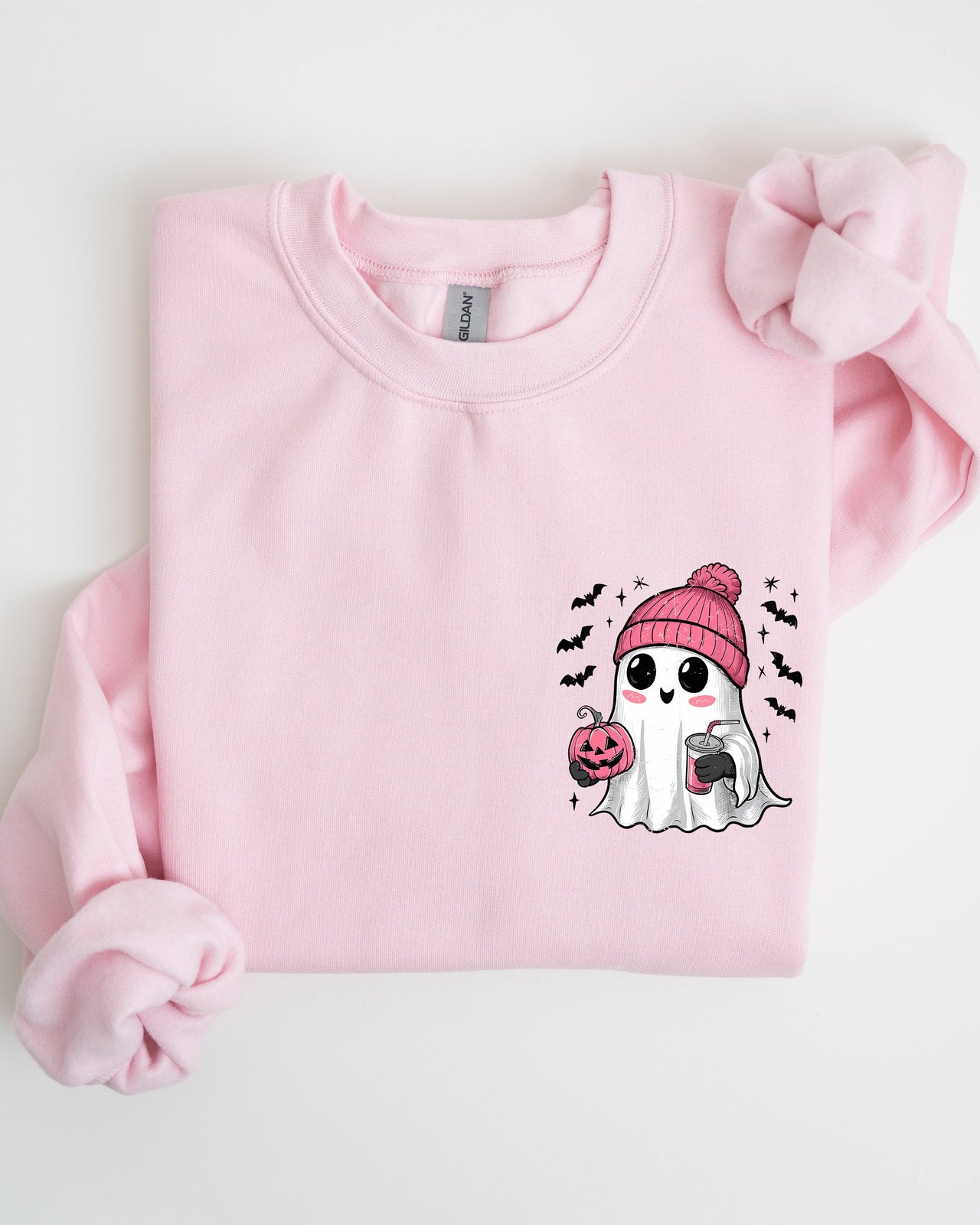 Cute Pink Ghost Pocket Print Halloween Coffee Bats Cozy Fall Seasonal Sweatshirt