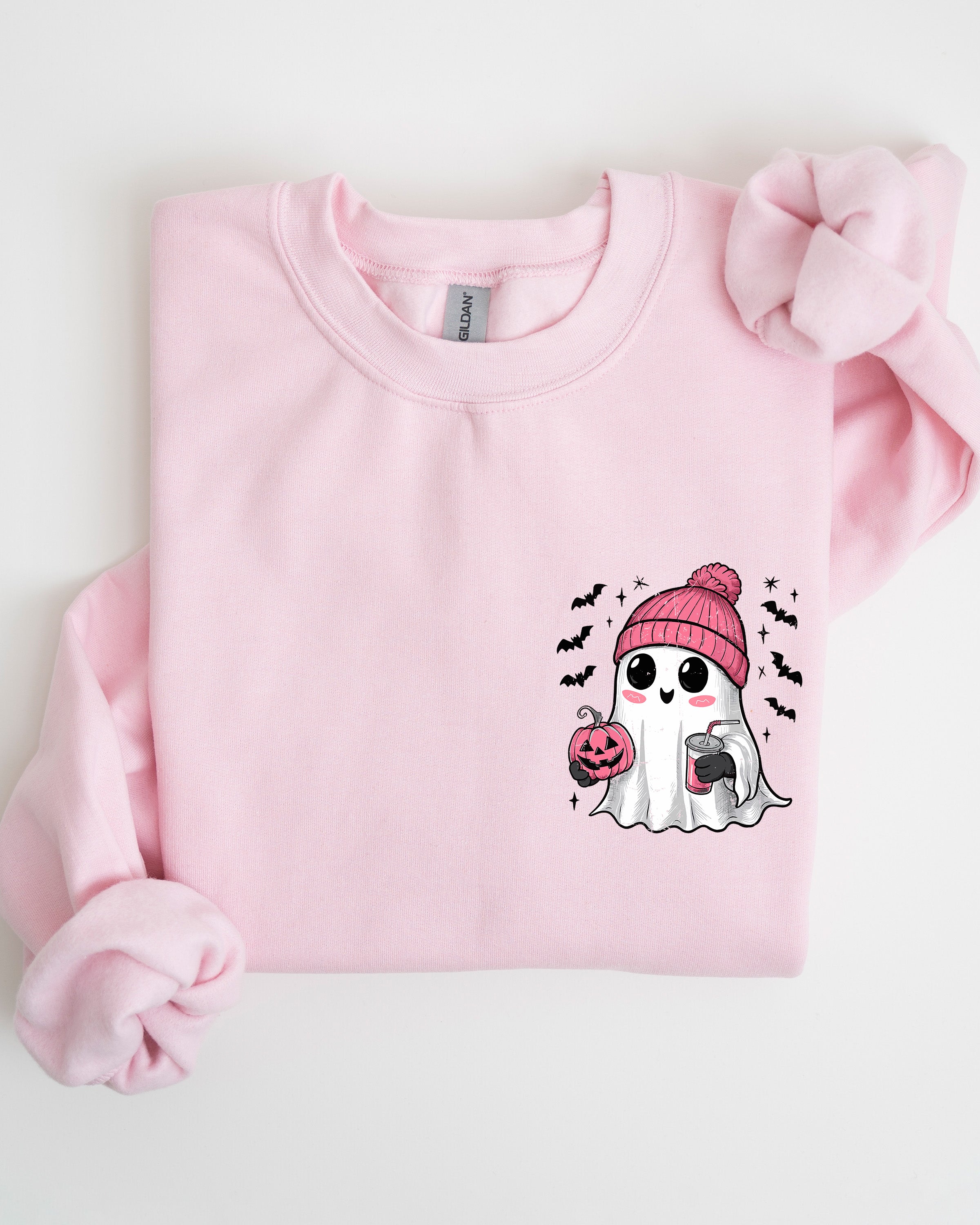 Cute Pink Ghost Pocket Print Halloween Coffee Bats Cozy Fall Seasonal Sweatshirt