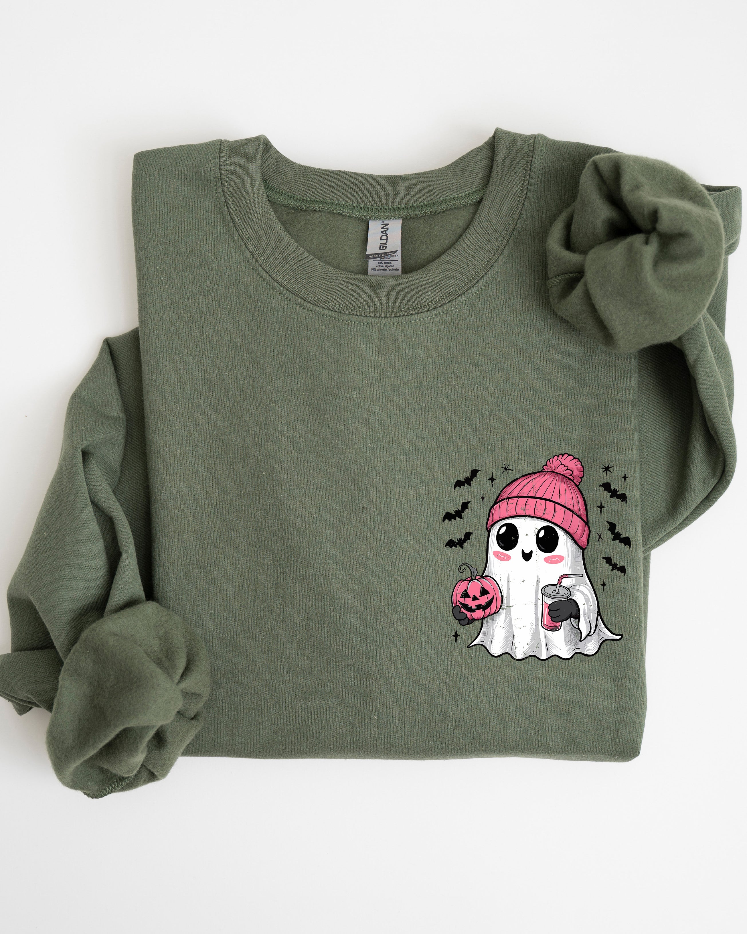 Cute Pink Ghost Pocket Print Halloween Coffee Bats Cozy Fall Seasonal Sweatshirt