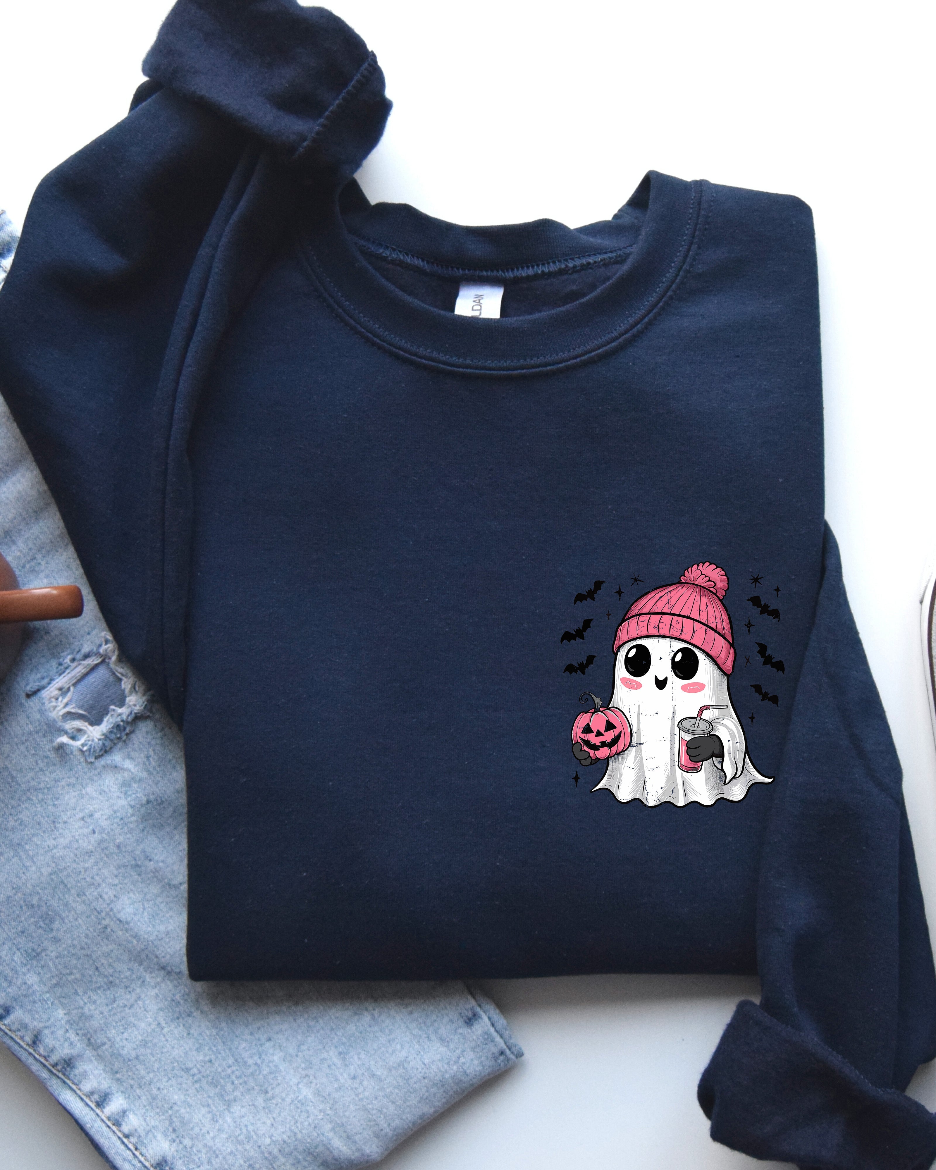 Cute Pink Ghost Pocket Print Halloween Coffee Bats Cozy Fall Seasonal Sweatshirt