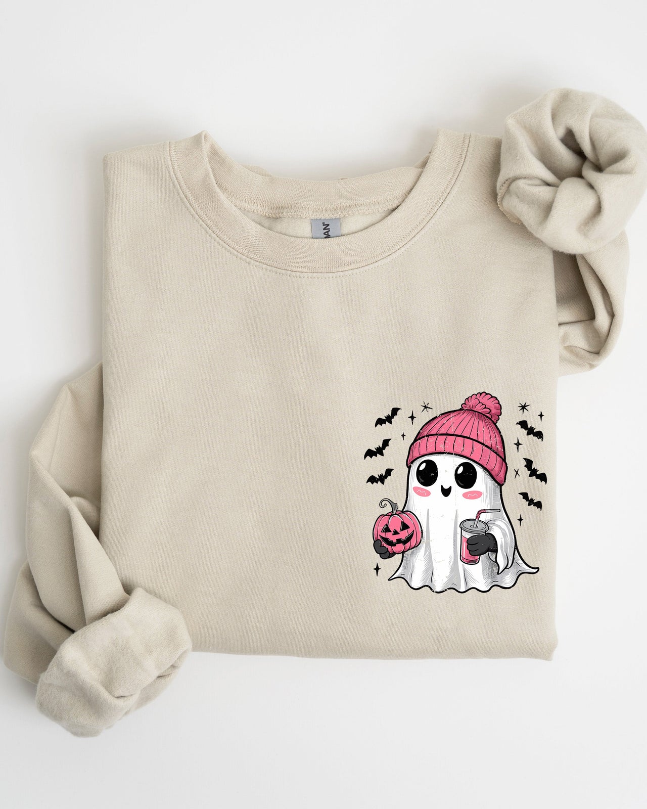 Cute Pink Ghost Pocket Print Halloween Coffee Bats Cozy Fall Seasonal Sweatshirt
