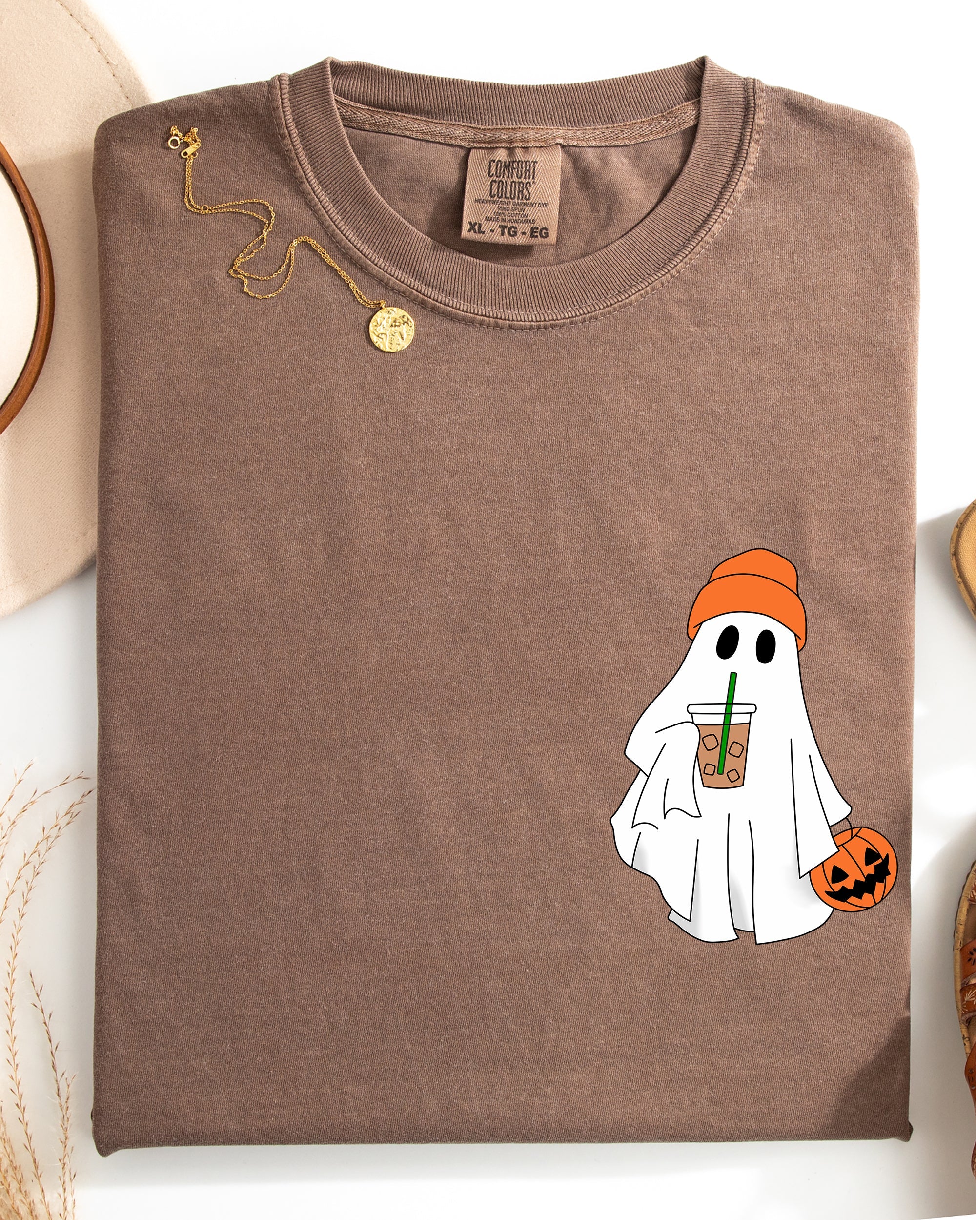 Cute Skater Ghost Pocket Print Halloween Trick Or Treat Coffee Lover Edition Comfort Colors Tee