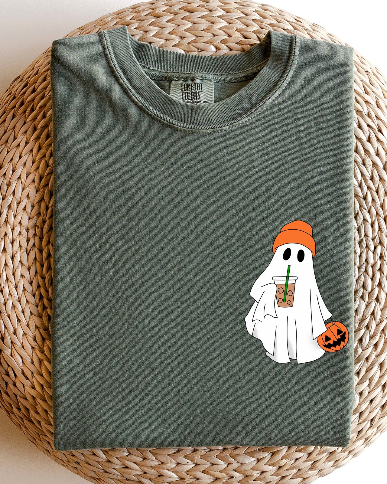 Cute Skater Ghost Pocket Print Halloween Trick Or Treat Coffee Lover Edition Comfort Colors Tee