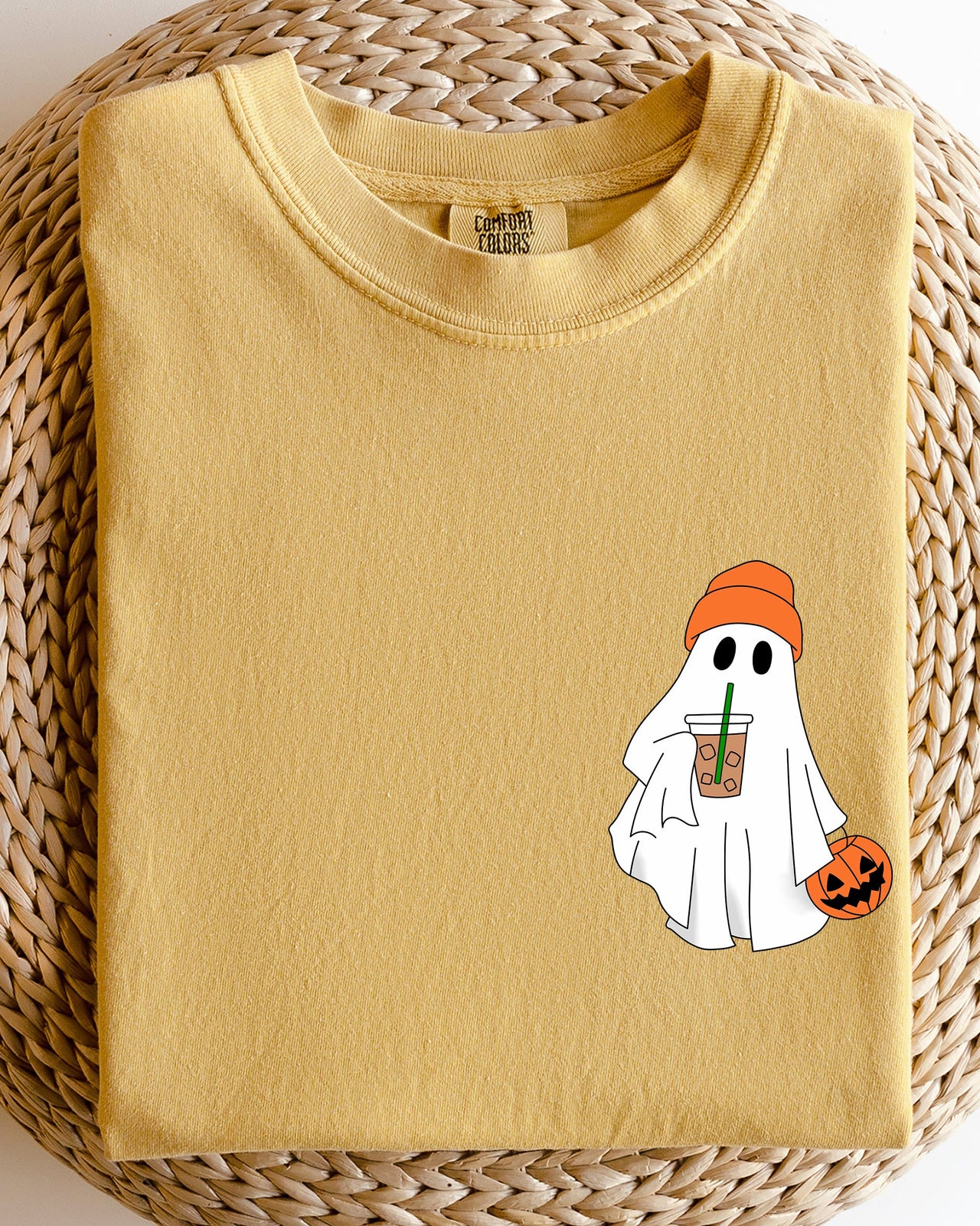 Cute Skater Ghost Pocket Print Halloween Trick Or Treat Coffee Lover Edition Comfort Colors Tee