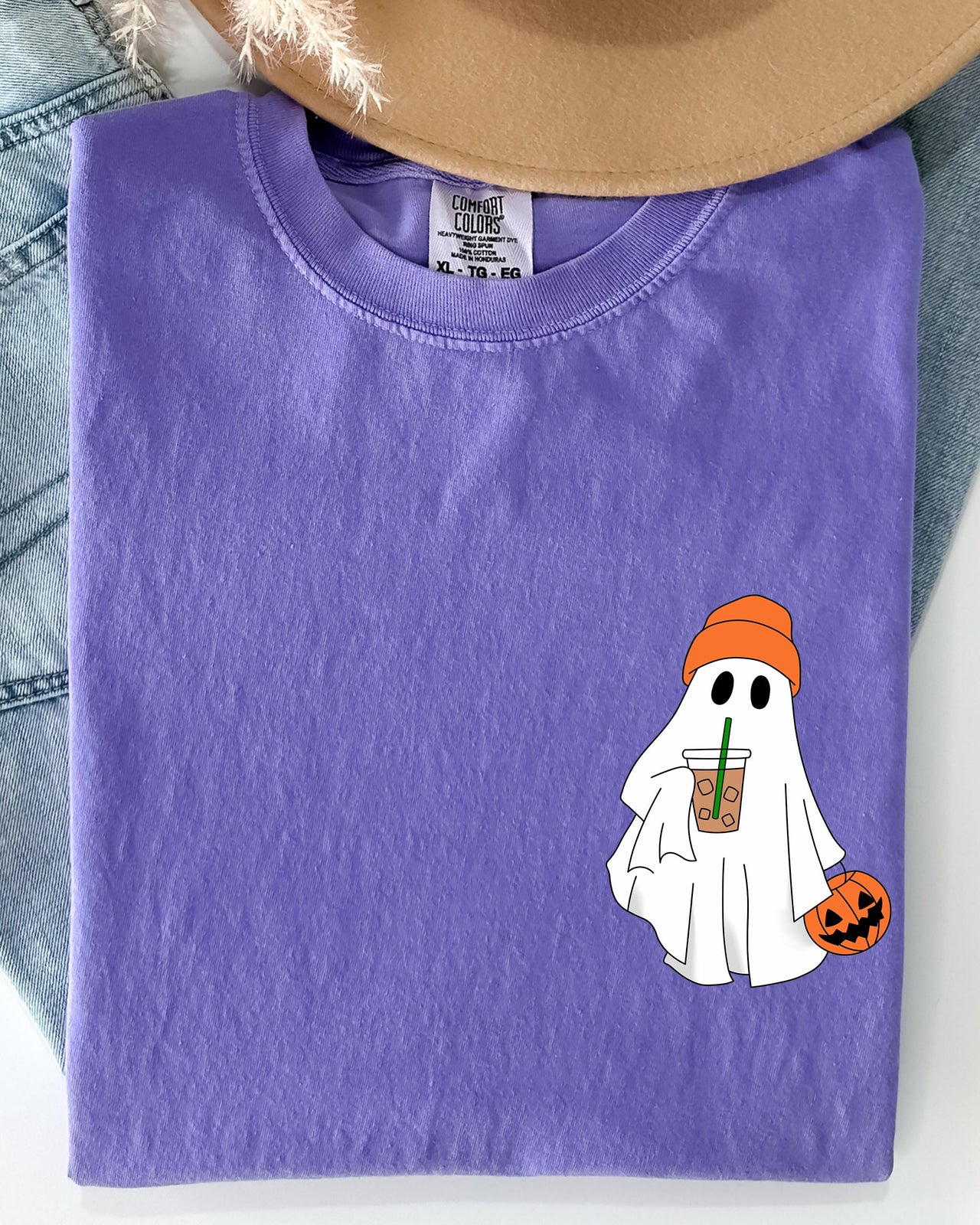 Cute Skater Ghost Pocket Print Halloween Trick Or Treat Coffee Lover Edition Comfort Colors Tee