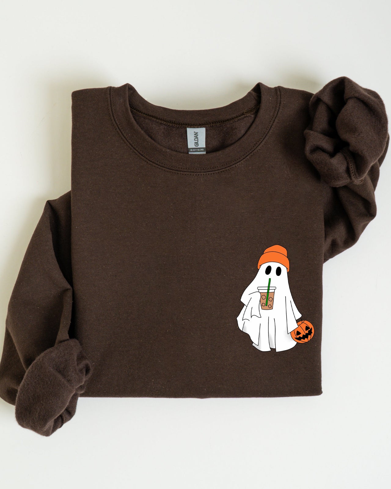 Cute Skater Ghost Pocket Print Halloween Coffee Trick Or Treat Cozy Graphic Sweatshirt