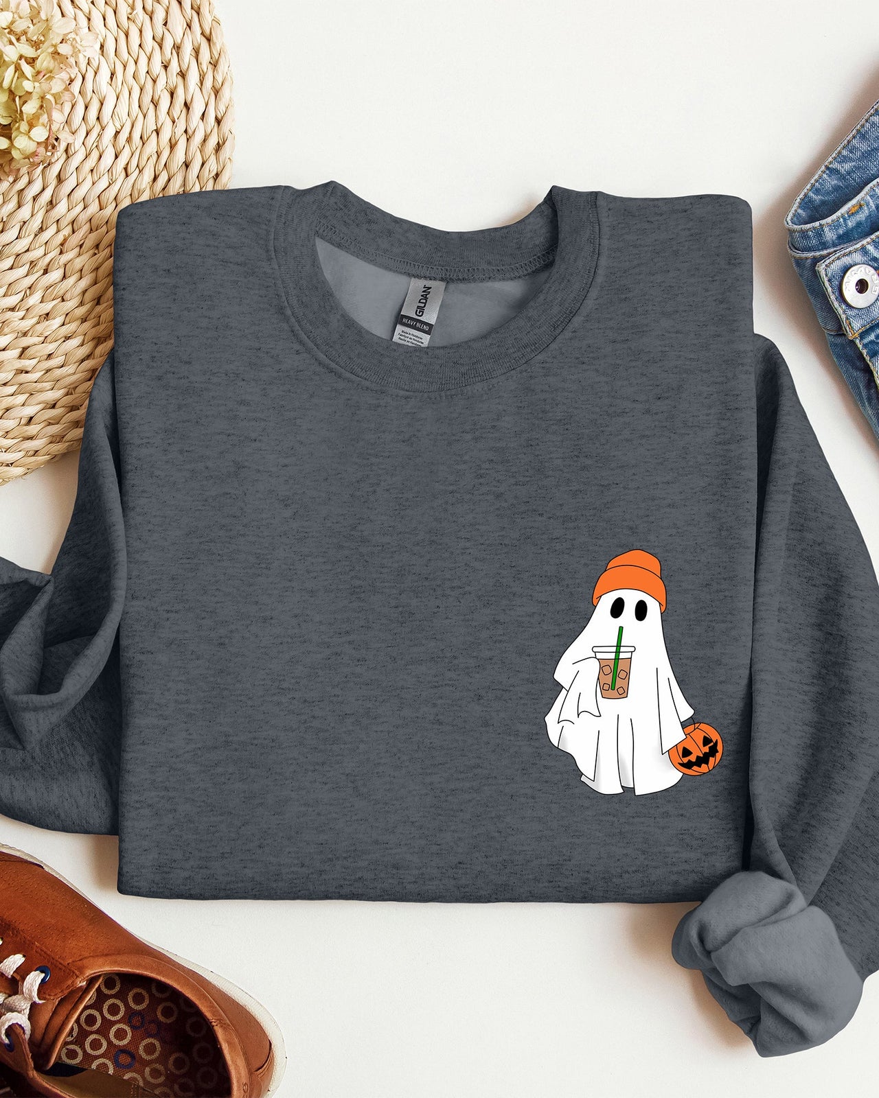 Cute Skater Ghost Pocket Print Halloween Coffee Trick Or Treat Cozy Graphic Sweatshirt