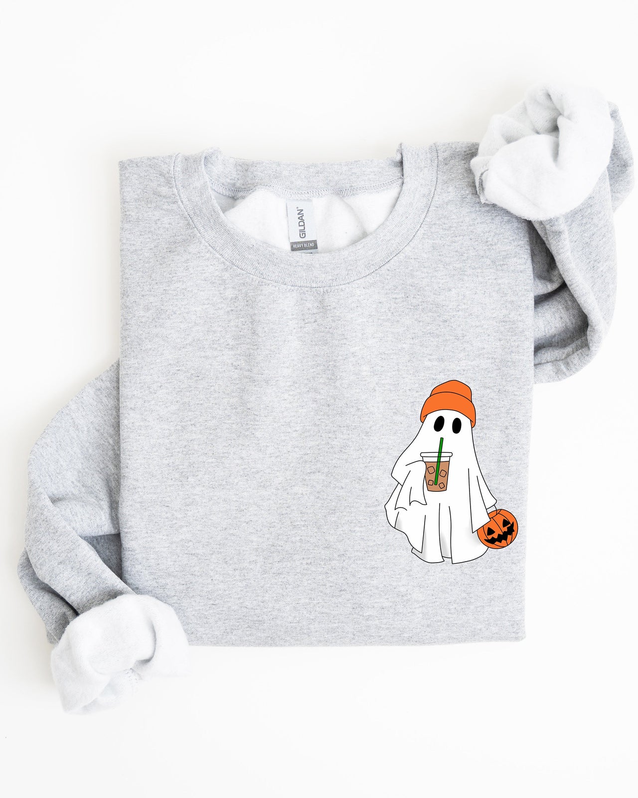 Cute Skater Ghost Pocket Print Halloween Coffee Trick Or Treat Cozy Graphic Sweatshirt