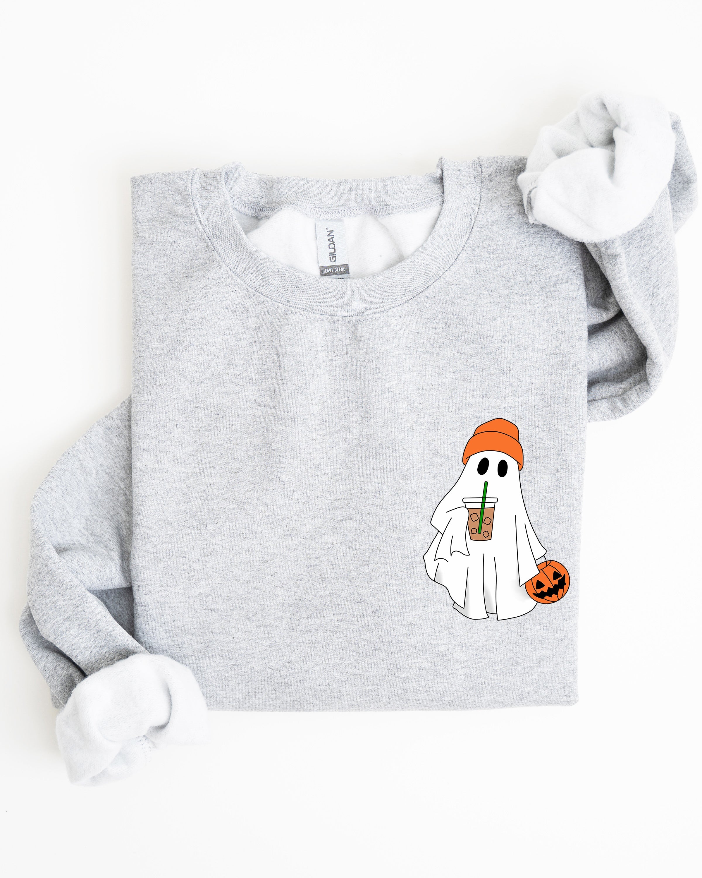 Cute Skater Ghost Pocket Print Halloween Coffee Trick Or Treat Cozy Graphic Sweatshirt