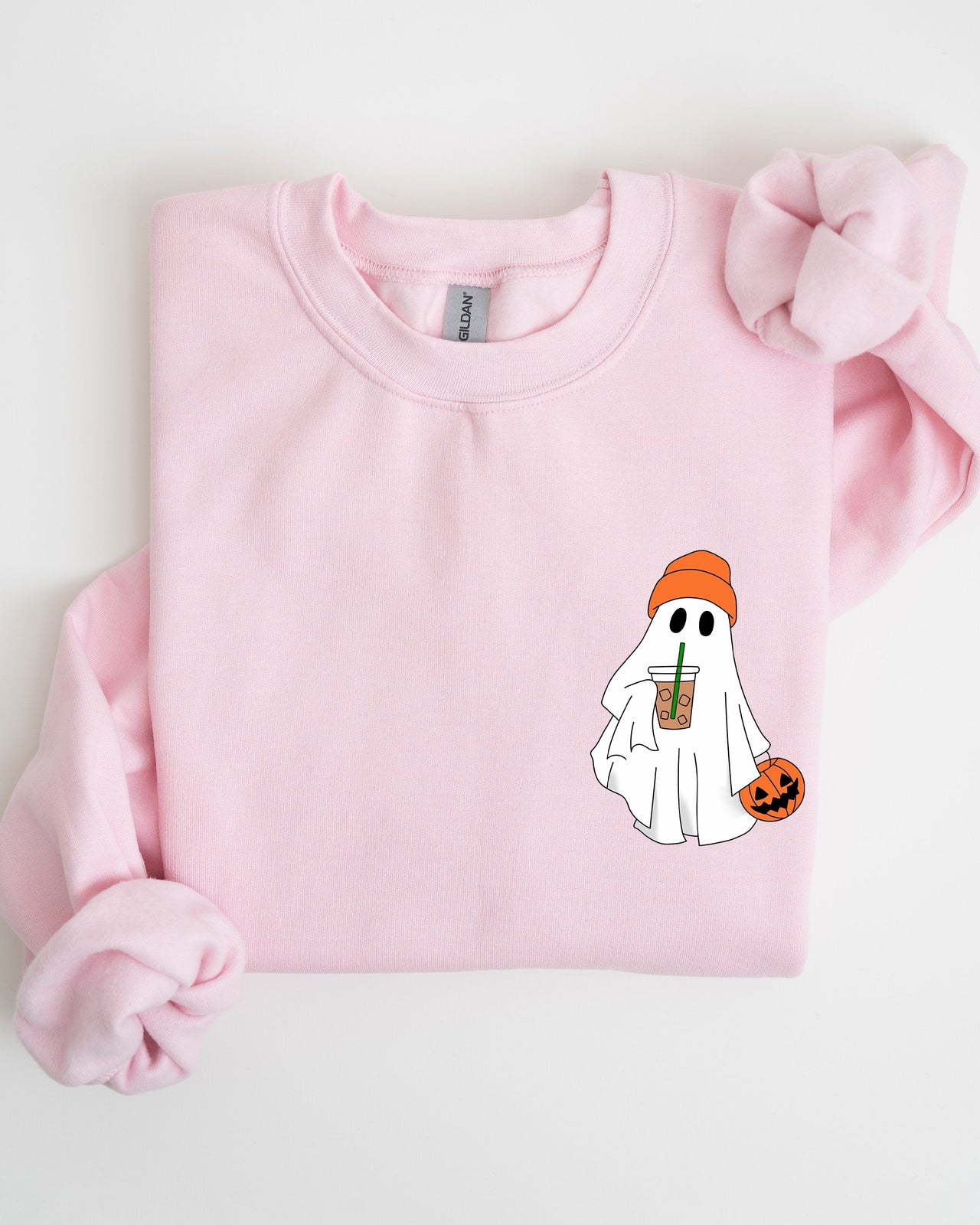 Cute Skater Ghost Pocket Print Halloween Coffee Trick Or Treat Cozy Graphic Sweatshirt