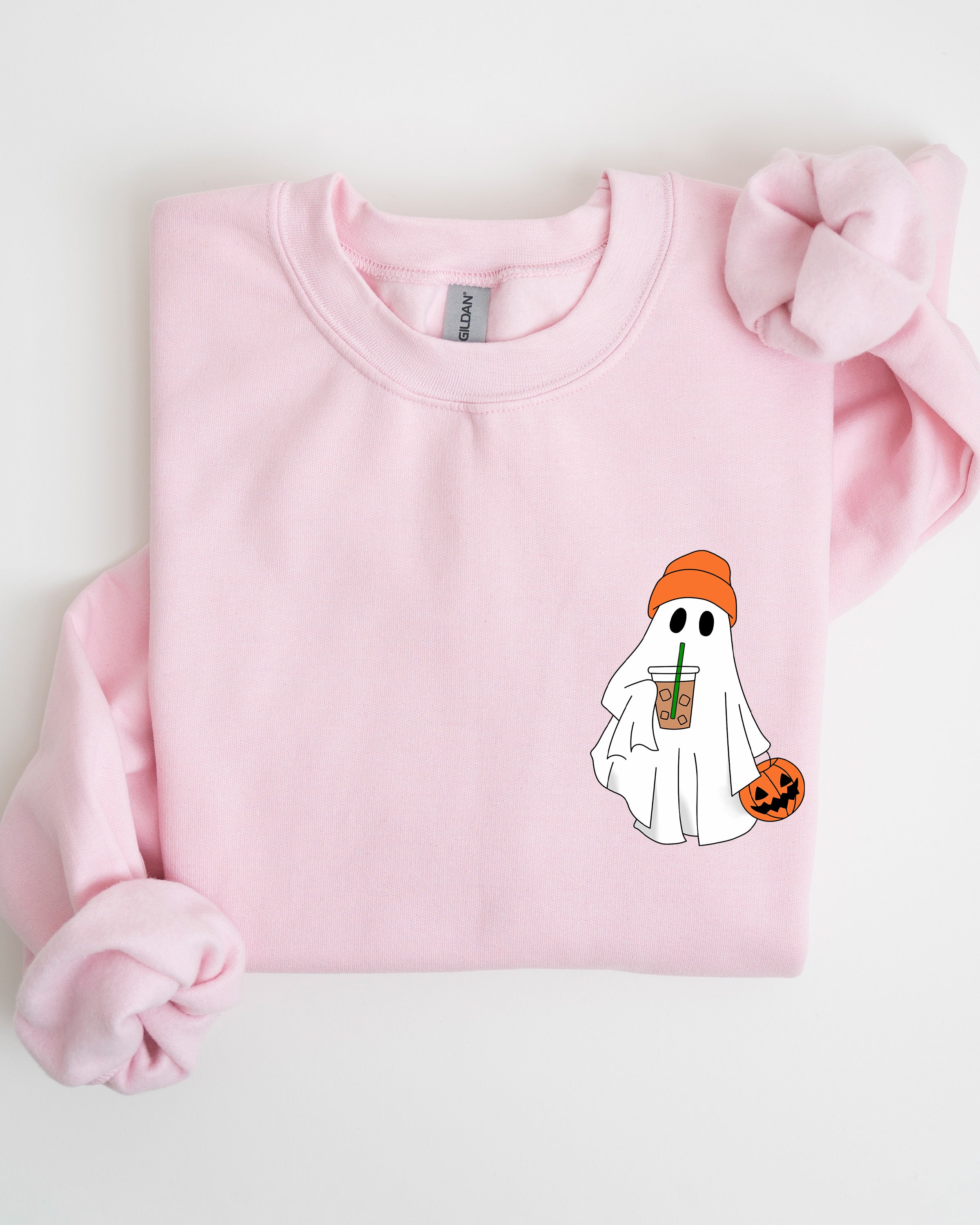 Cute Skater Ghost Pocket Print Halloween Coffee Trick Or Treat Cozy Graphic Sweatshirt