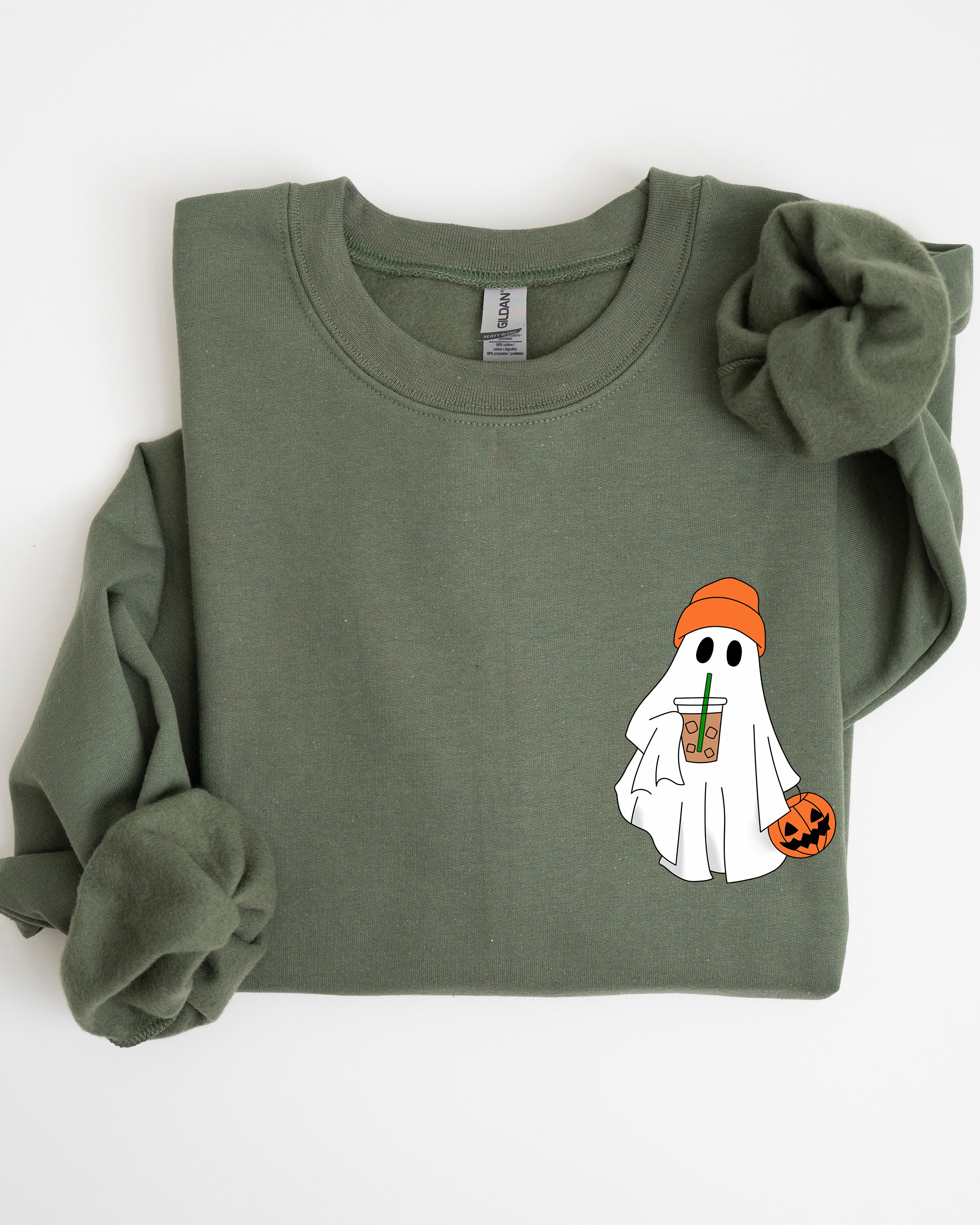 Cute Skater Ghost Pocket Print Halloween Coffee Trick Or Treat Cozy Graphic Sweatshirt