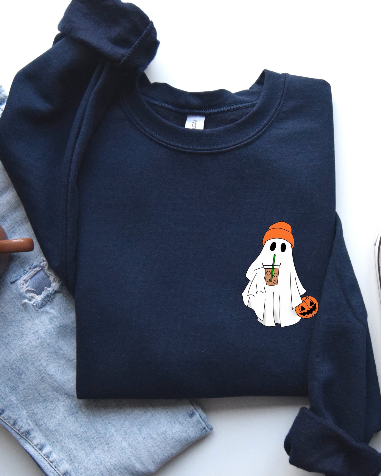 Cute Skater Ghost Pocket Print Halloween Coffee Trick Or Treat Cozy Graphic Sweatshirt