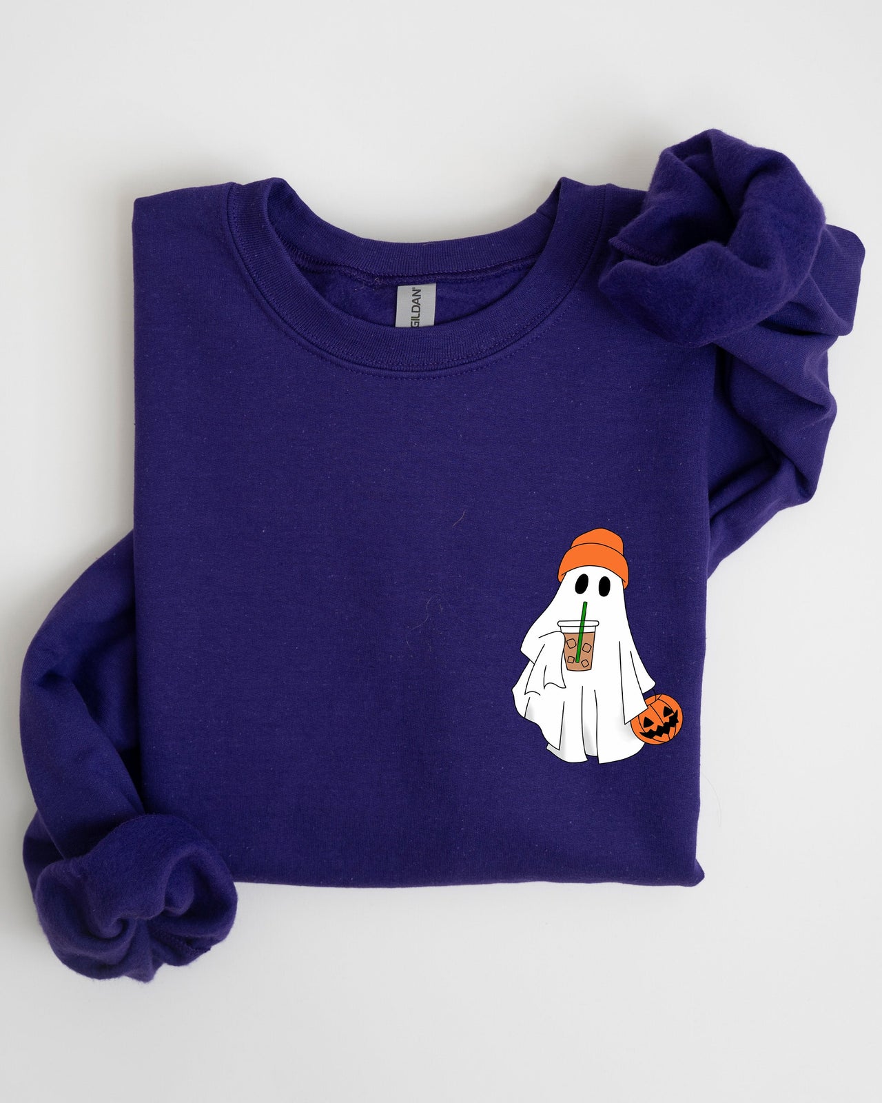 Cute Skater Ghost Pocket Print Halloween Coffee Trick Or Treat Cozy Graphic Sweatshirt