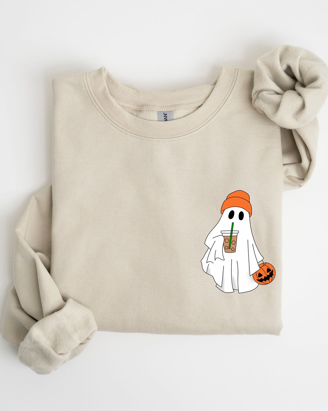 Cute Skater Ghost Pocket Print Halloween Coffee Trick Or Treat Cozy Graphic Sweatshirt