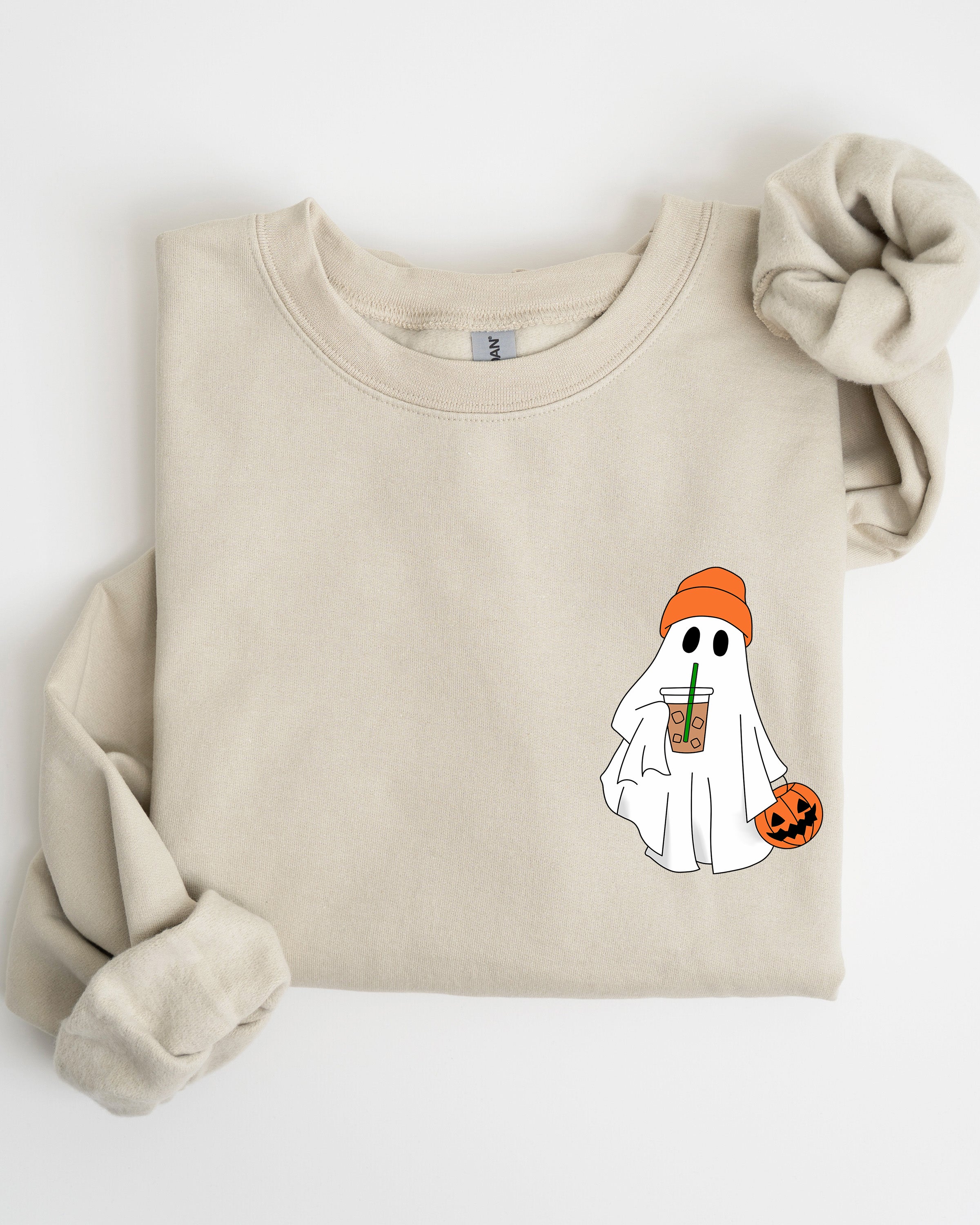 Cute Skater Ghost Pocket Print Halloween Coffee Trick Or Treat Cozy Graphic Sweatshirt