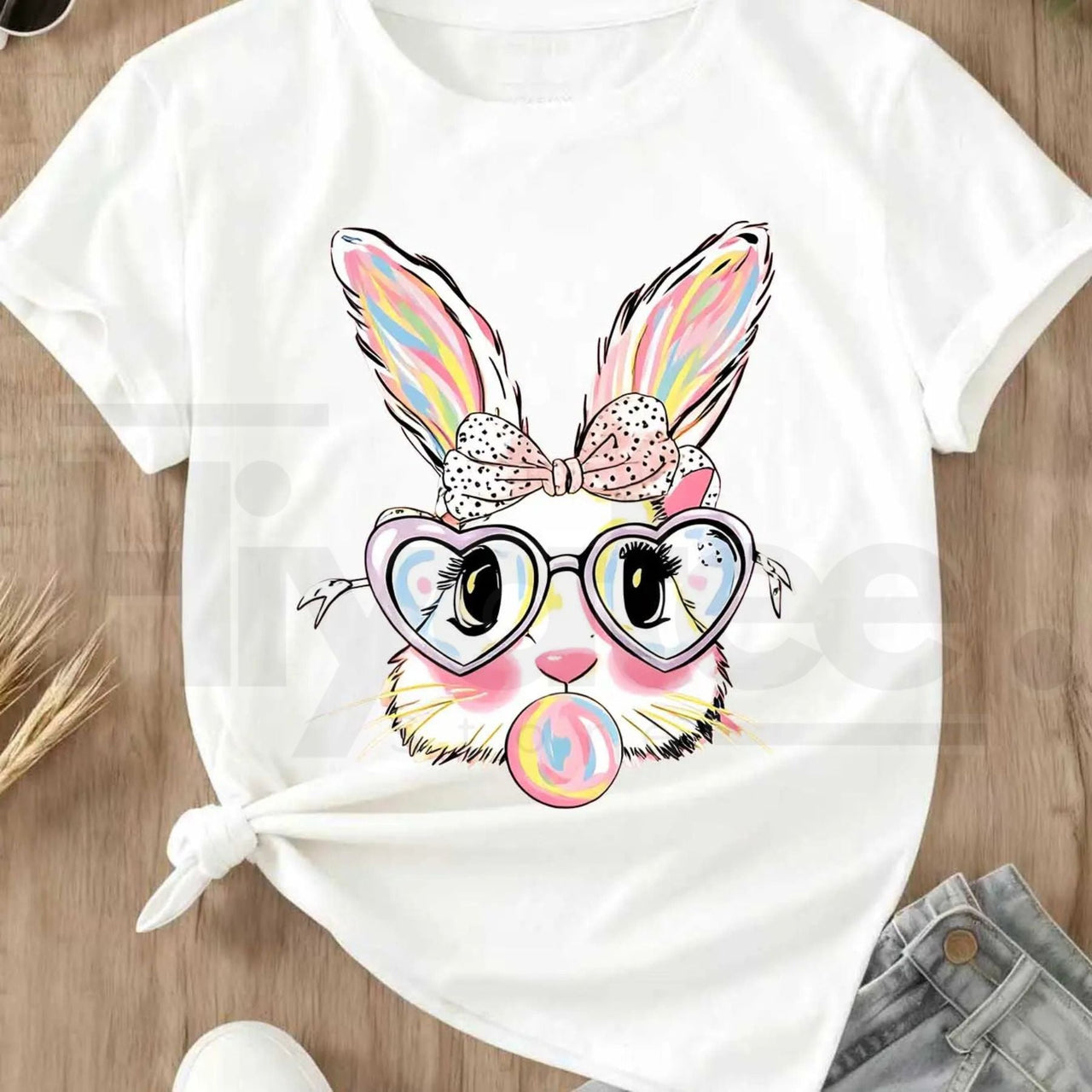 Cute Easter Bunny Bubblegum T-Shirt – Colorful Rabbit with Heart Glasses Tee