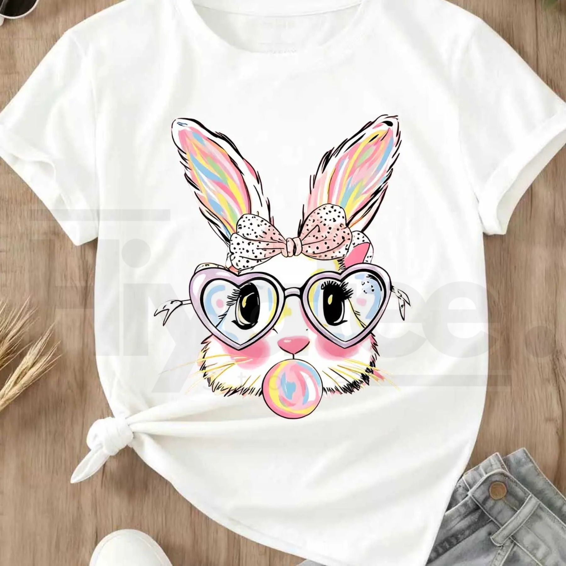 Cute Easter Bunny Bubblegum T-Shirt – Colorful Rabbit with Heart Glasses Tee
