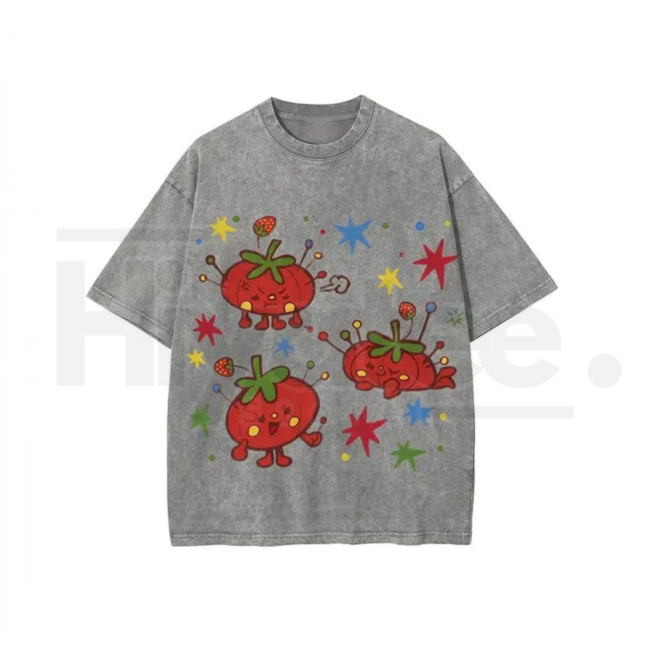 Cute Tomato Graphic Vintage Washed T-Shirt – Batik Cotton Oversized Unisex Tee