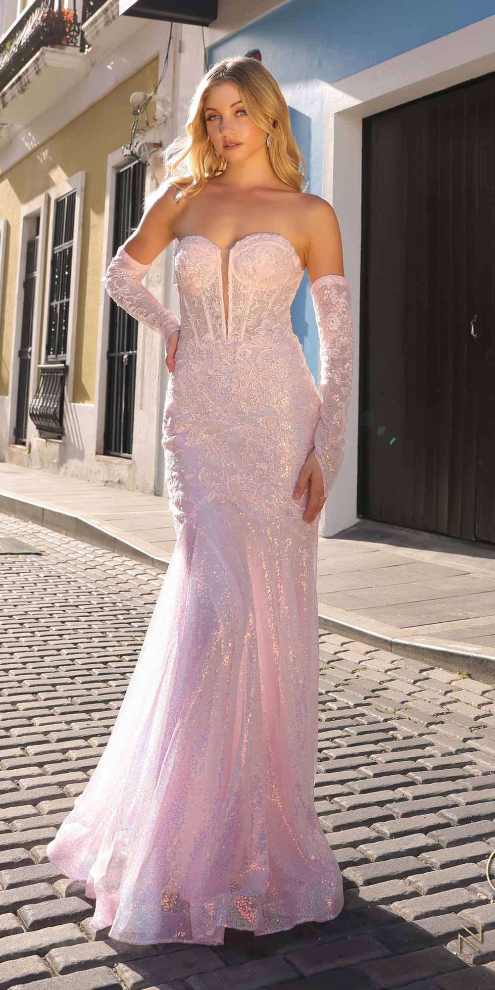 Nox Anabel D1263 Long Strapless Sequin Mermaid Dress Removable Gloves