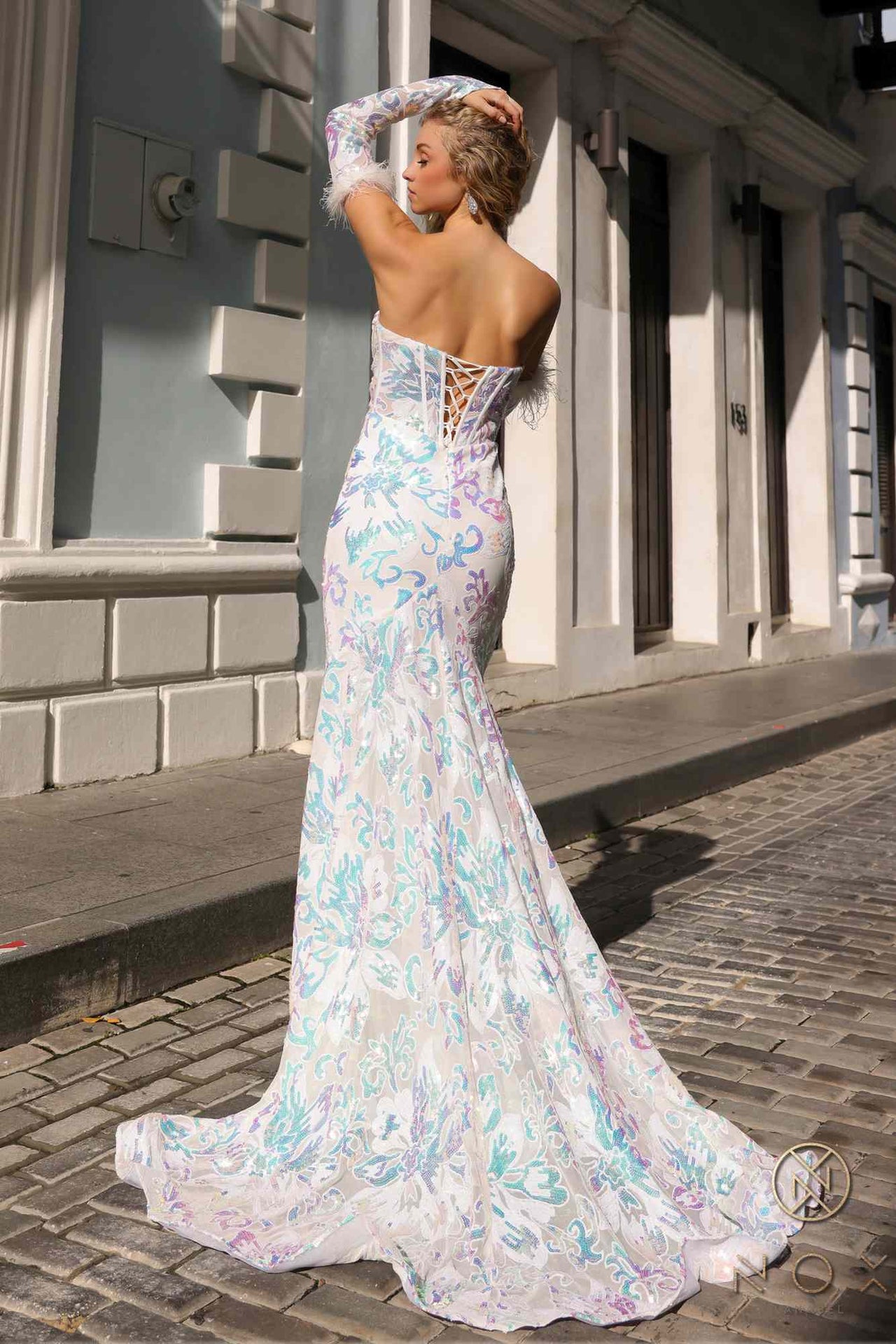 Nox Anabel D1269 Detachable Long Sleeves Floral Sequin Mermaid Gown