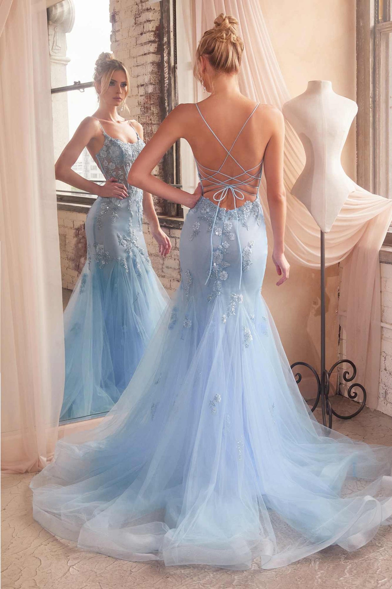 Ladivine D145 Long Sparkly Mermaid Gown Tulle Skirt Corset Back
