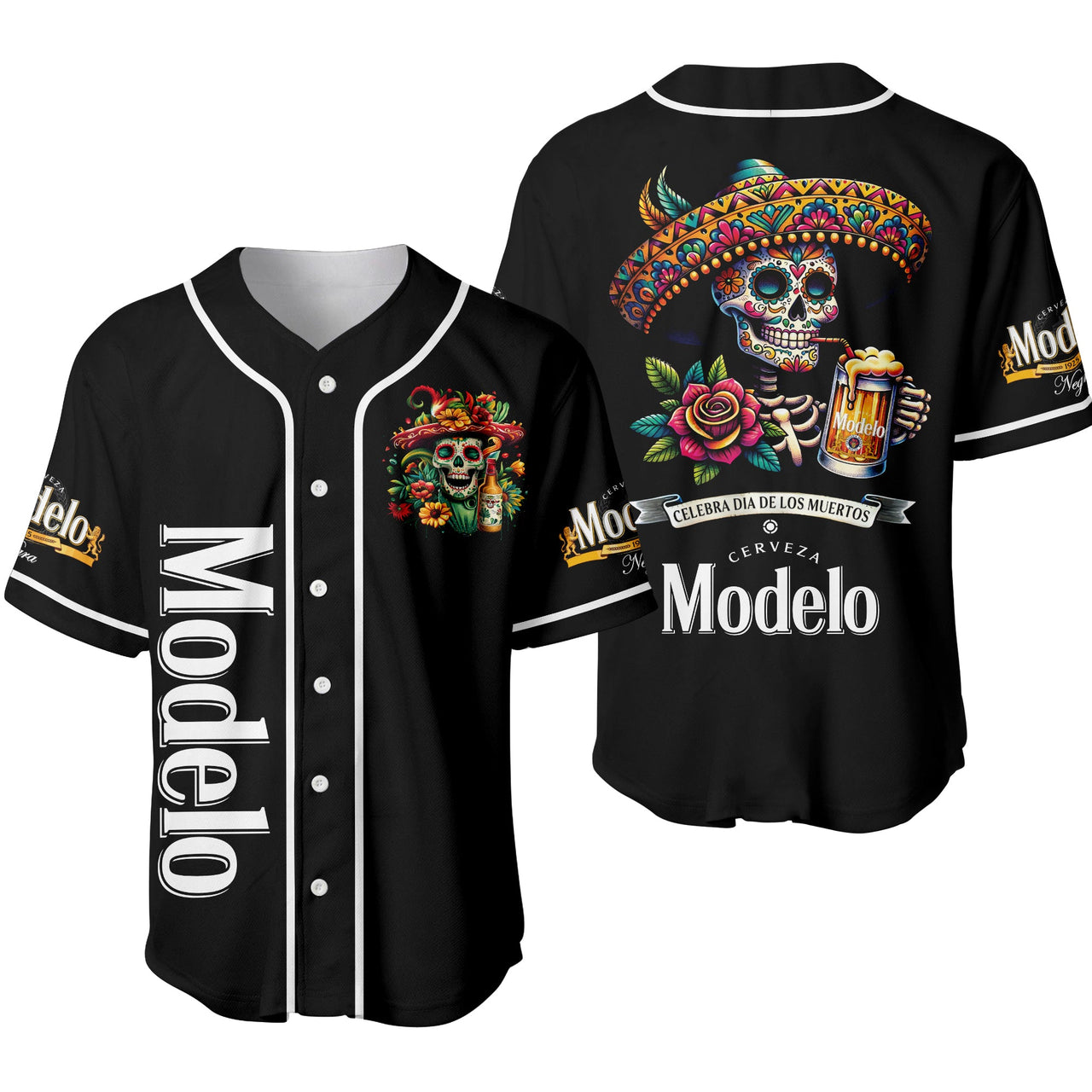 Día de los Muertos All-Black Skull Baseball Jersey – Modelo Negra Unisex Shirt