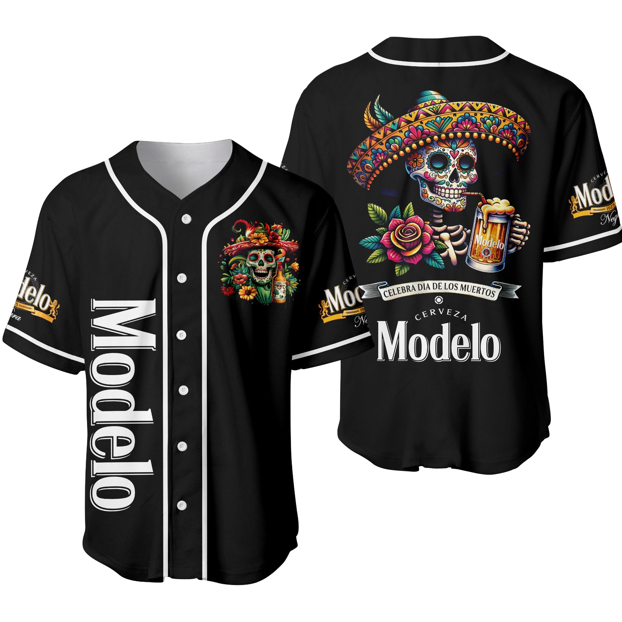 Día de los Muertos All-Black Skull Baseball Jersey – Modelo Negra Unisex Shirt