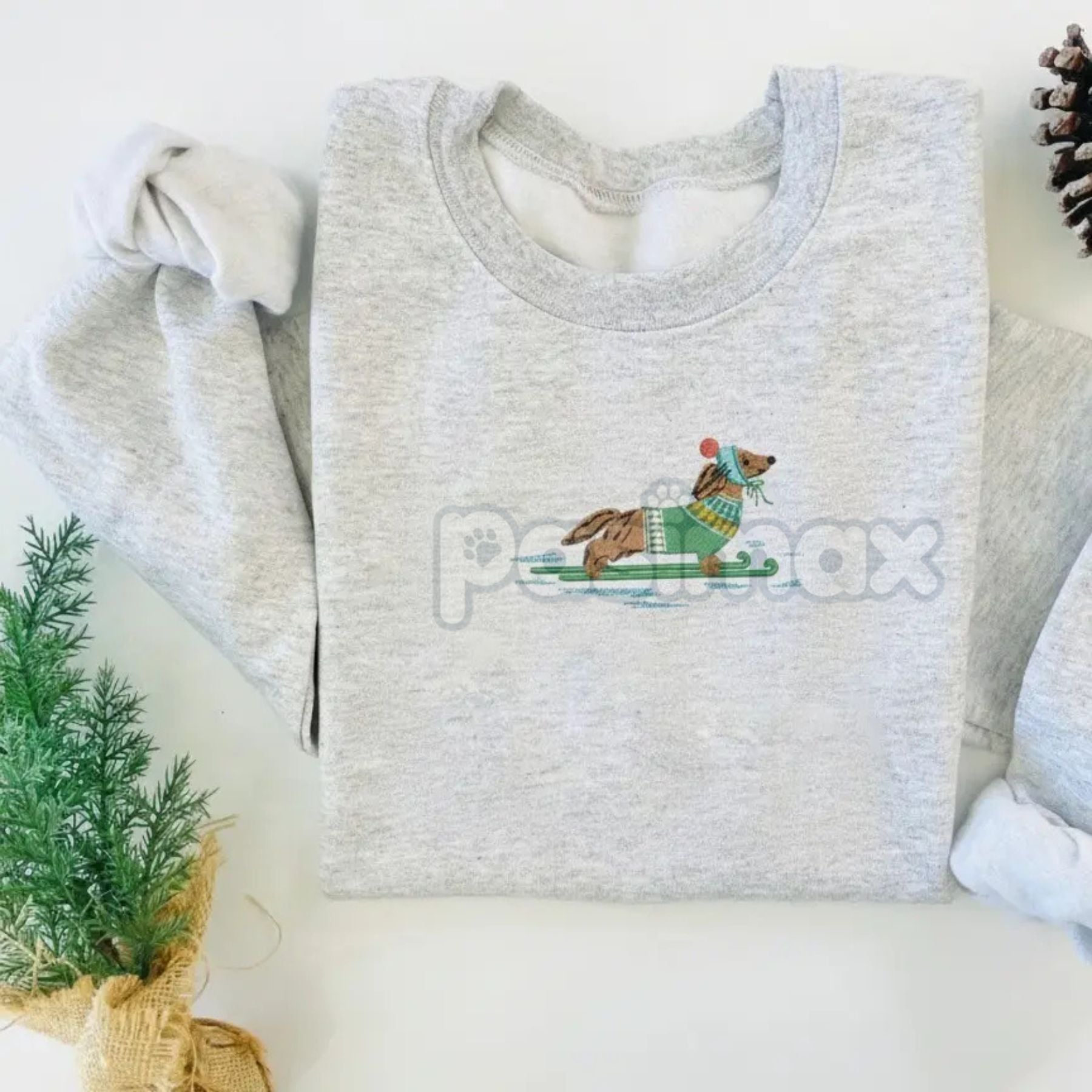 Dachshund on Skis Embroidered Sweatshirt – Funny Christmas Dog Crewneck
