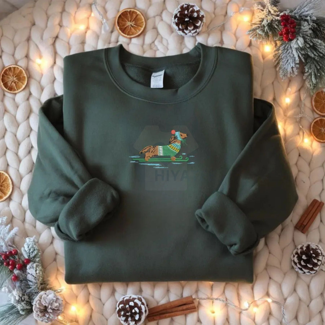 Dachshund on Skis Embroidered Sweatshirt – Funny Christmas Dog Crewneck & Winter Pullover