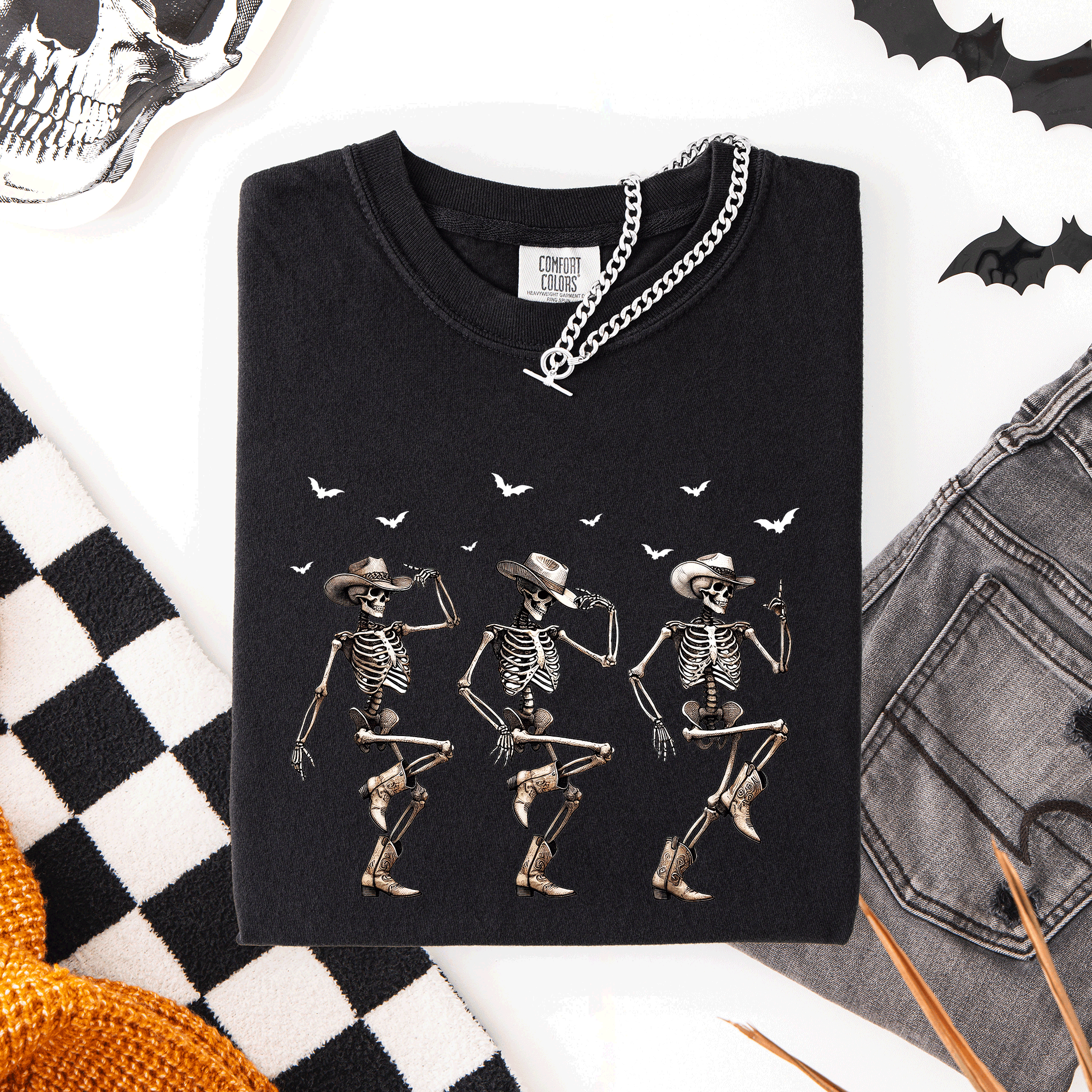 Dancing Cowboy Skeletons, Halloween Bats Limited Edition Artwork Comfort Colors Tee