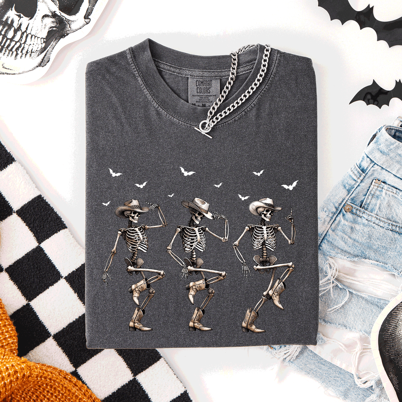 Dancing Cowboy Skeletons, Halloween Bats Limited Edition Artwork Comfort Colors Tee