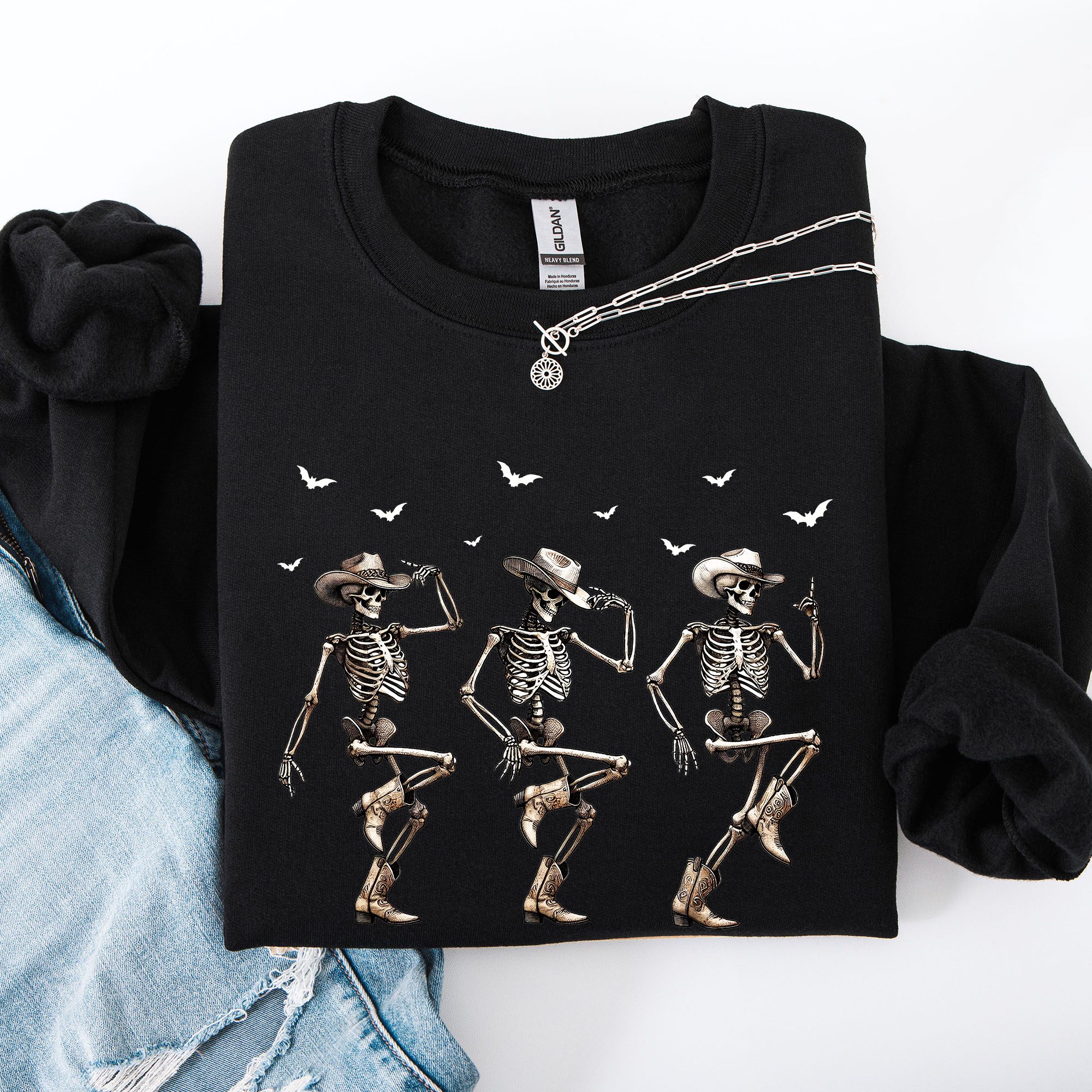 Dancing Cowboy Skeletons Halloween Bats Western Night Parade Cozy Graphic Sweatshirt