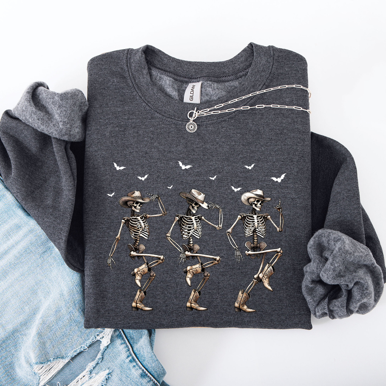 Dancing Cowboy Skeletons Halloween Bats Western Night Parade Cozy Graphic Sweatshirt