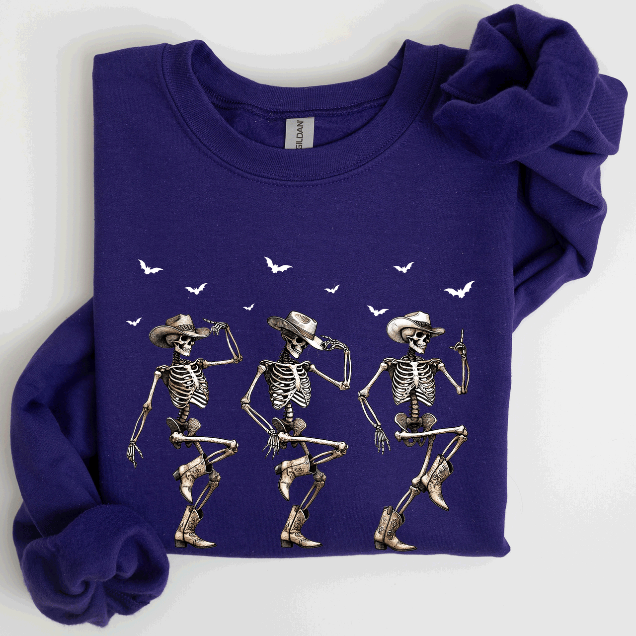 Dancing Cowboy Skeletons Halloween Bats Western Night Parade Cozy Graphic Sweatshirt