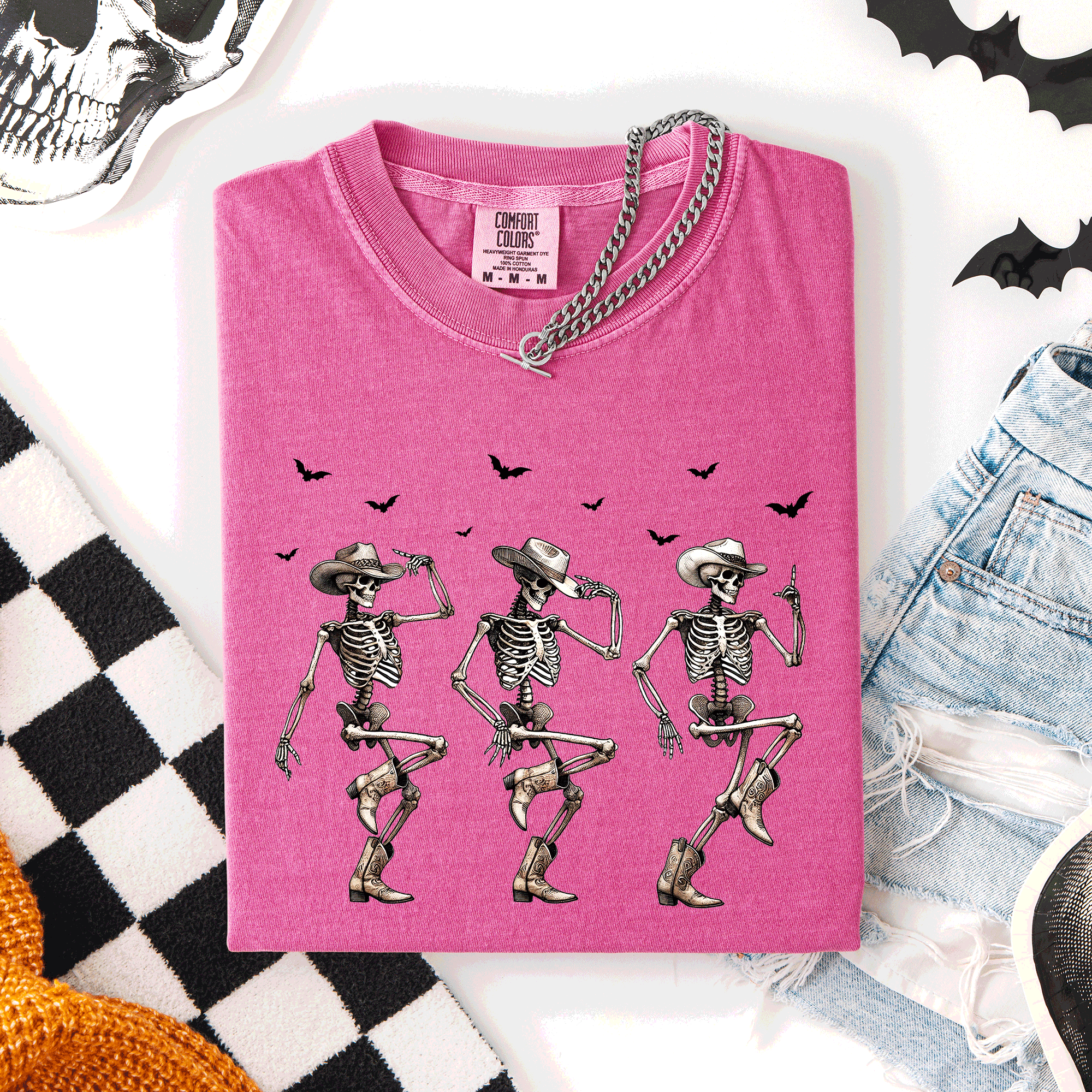 Dancing Cowboy Skeletons, Halloween Bats Limited Edition Artwork Comfort Colors Tee