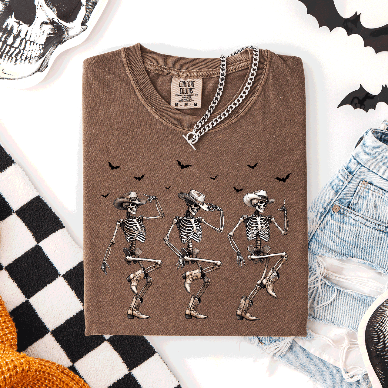 Dancing Cowboy Skeletons, Halloween Bats Limited Edition Artwork Comfort Colors Tee