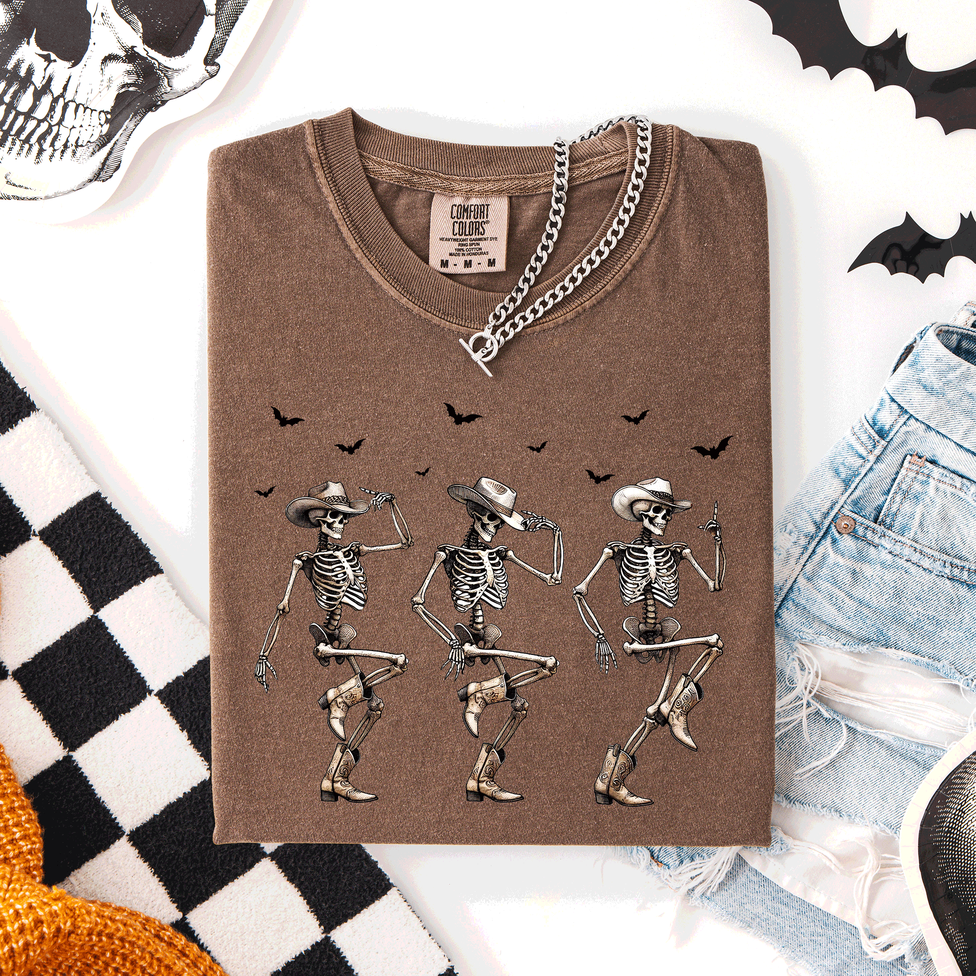 Dancing Cowboy Skeletons, Halloween Bats Limited Edition Artwork Comfort Colors Tee