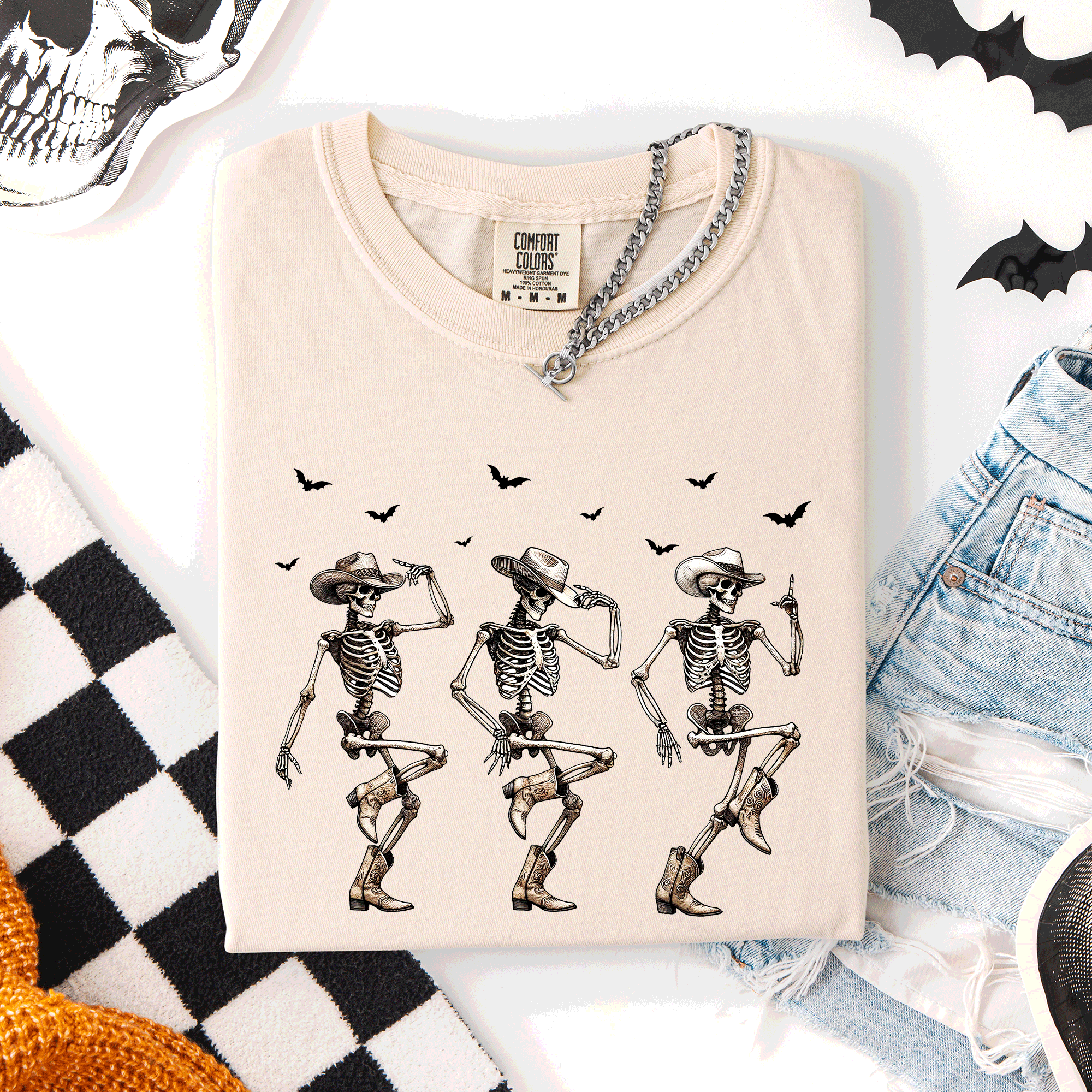 Dancing Cowboy Skeletons, Halloween Bats Limited Edition Artwork Comfort Colors Tee