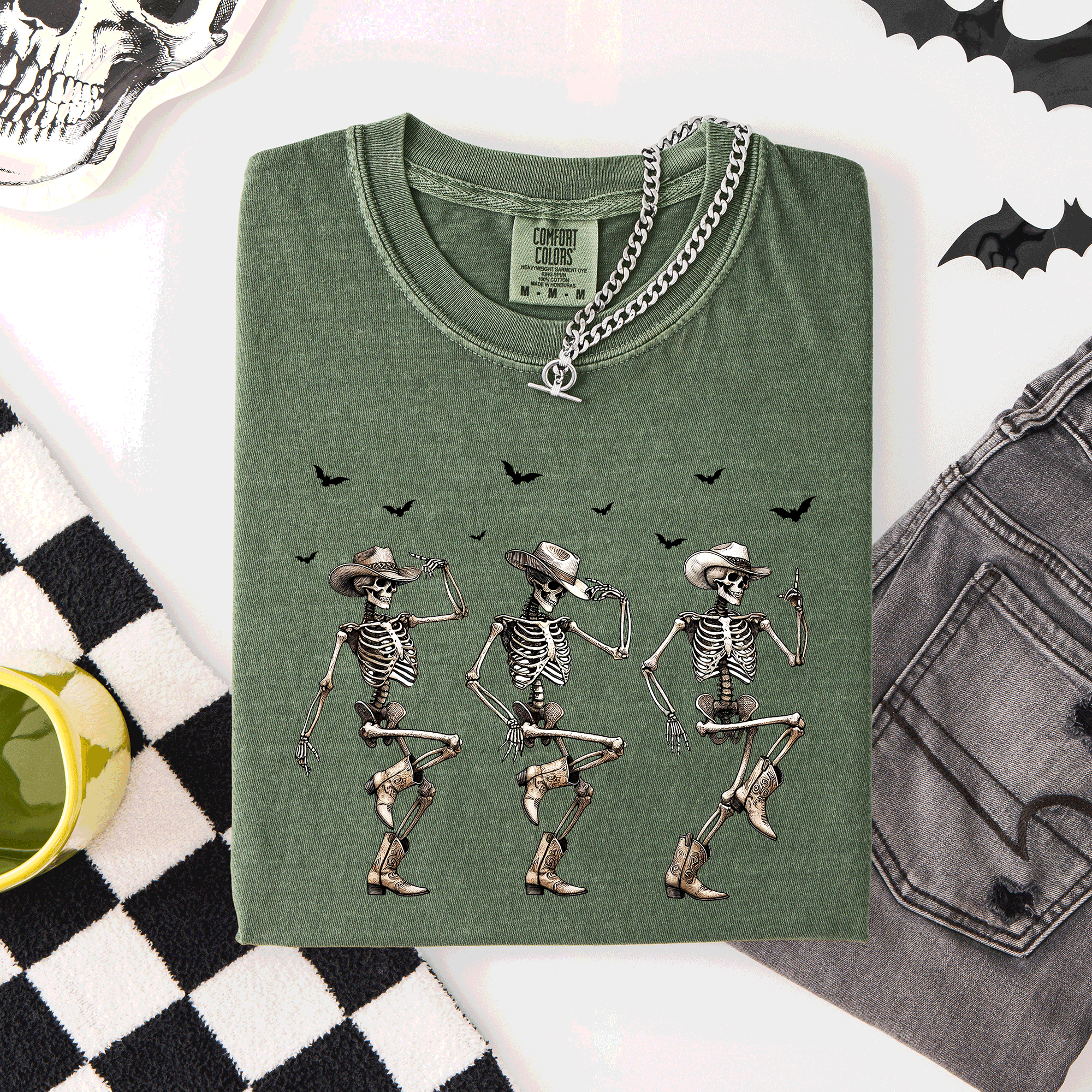 Dancing Cowboy Skeletons, Halloween Bats Limited Edition Artwork Comfort Colors Tee