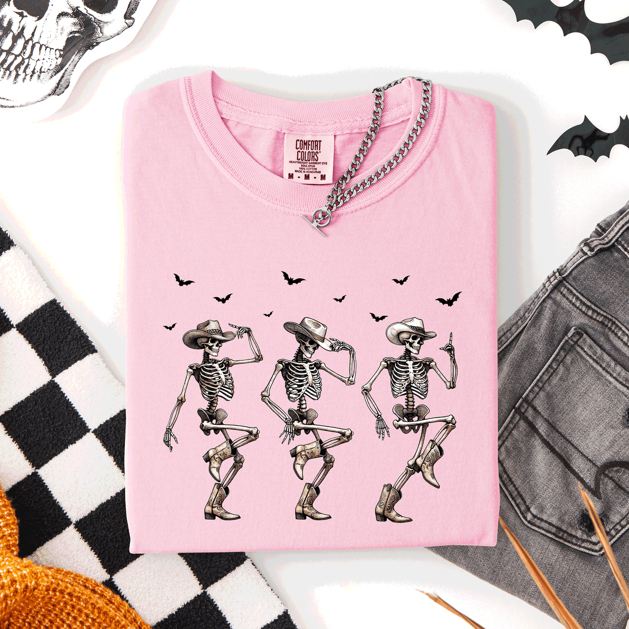Dancing Cowboy Skeletons, Halloween Bats Limited Edition Artwork Comfort Colors Tee