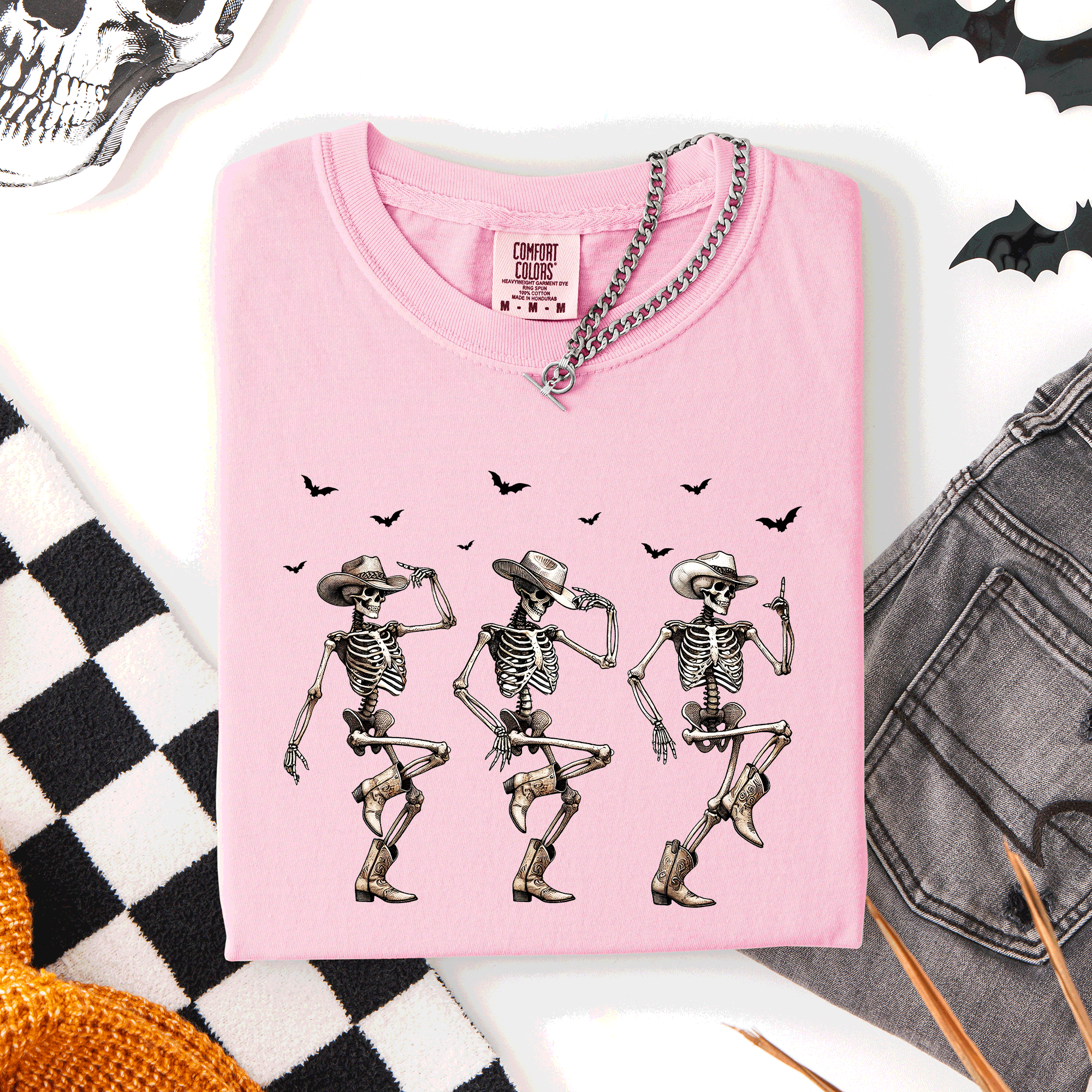 Dancing Cowboy Skeletons, Halloween Bats Limited Edition Artwork Comfort Colors Tee