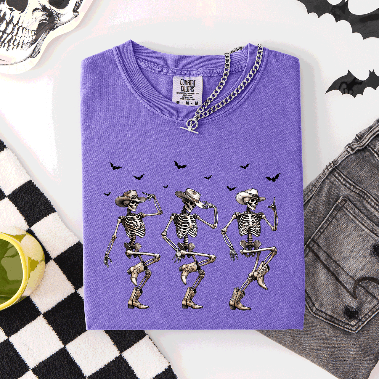 Dancing Cowboy Skeletons, Halloween Bats Limited Edition Artwork Comfort Colors Tee