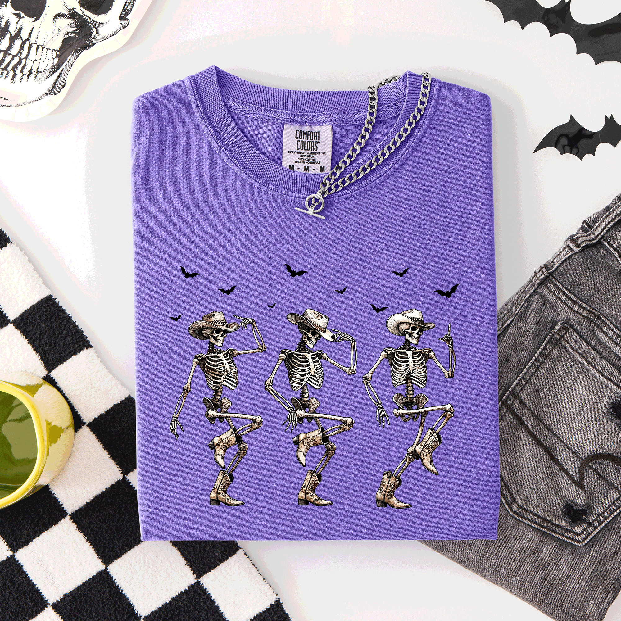 Dancing Cowboy Skeletons, Halloween Bats Limited Edition Artwork Comfort Colors Tee