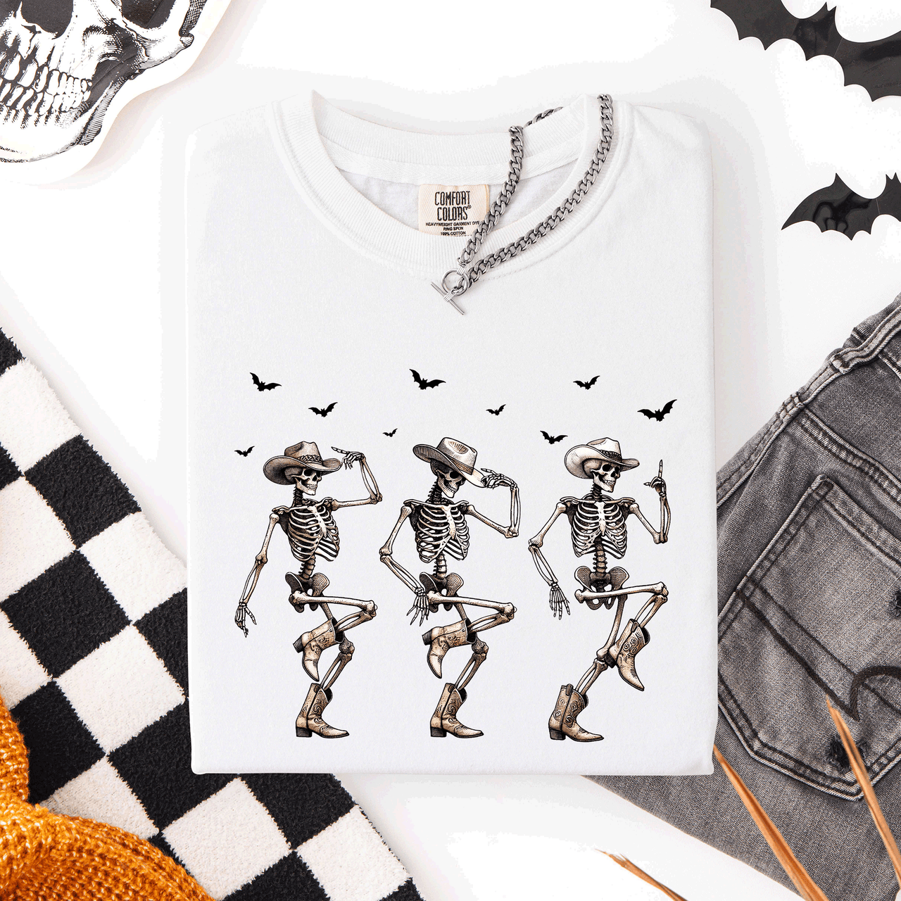 Dancing Cowboy Skeletons, Halloween Bats Limited Edition Artwork Comfort Colors Tee