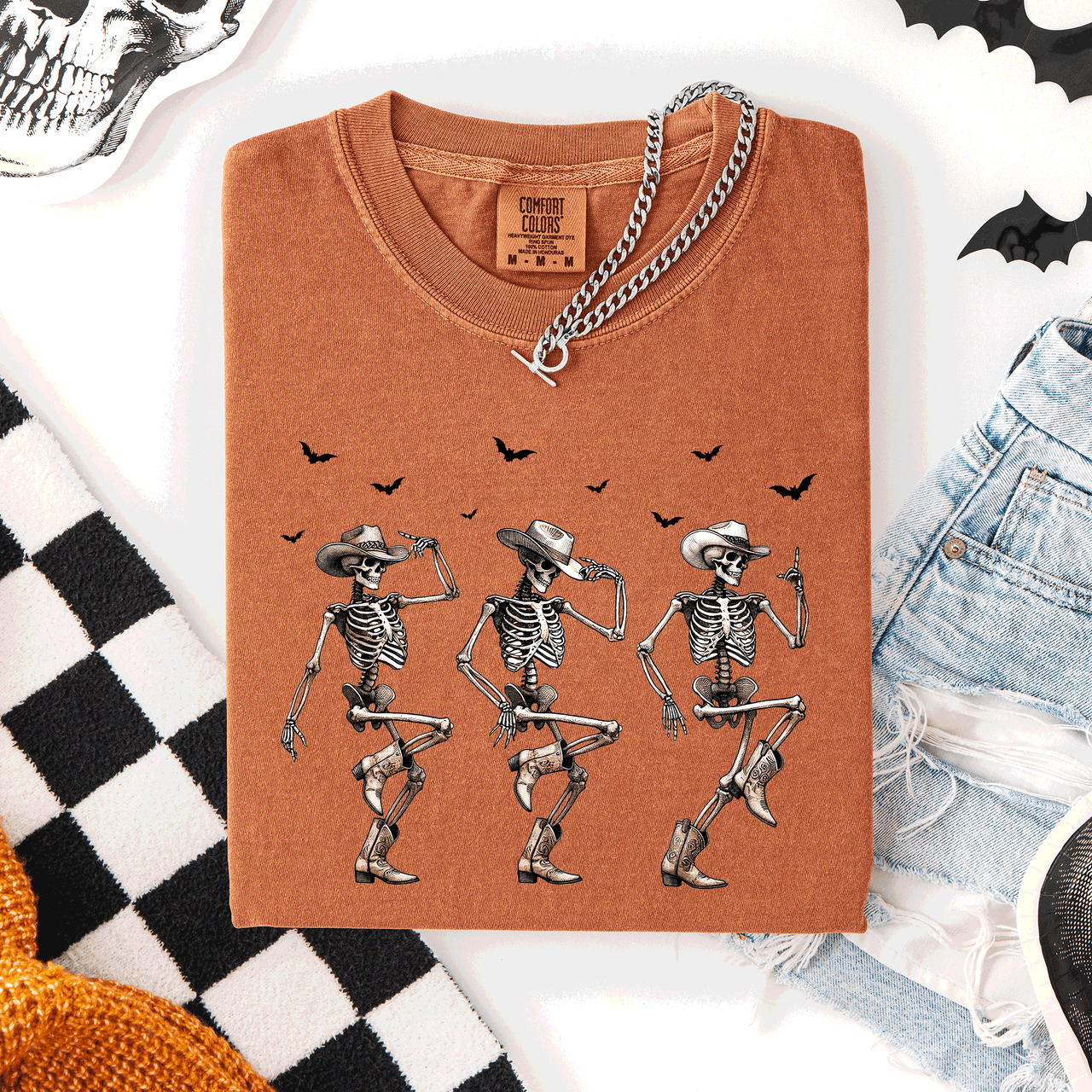 Dancing Cowboy Skeletons, Halloween Bats Limited Edition Artwork Comfort Colors Tee