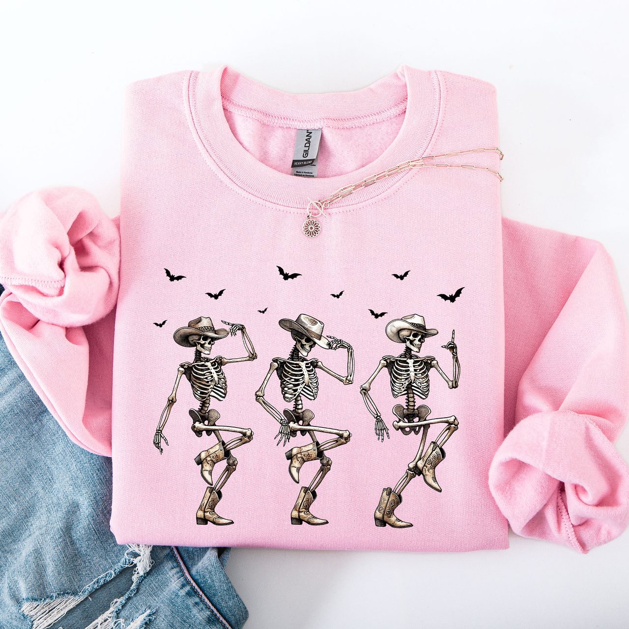 Dancing Cowboy Skeletons Halloween Bats Western Night Parade Cozy Graphic Sweatshirt